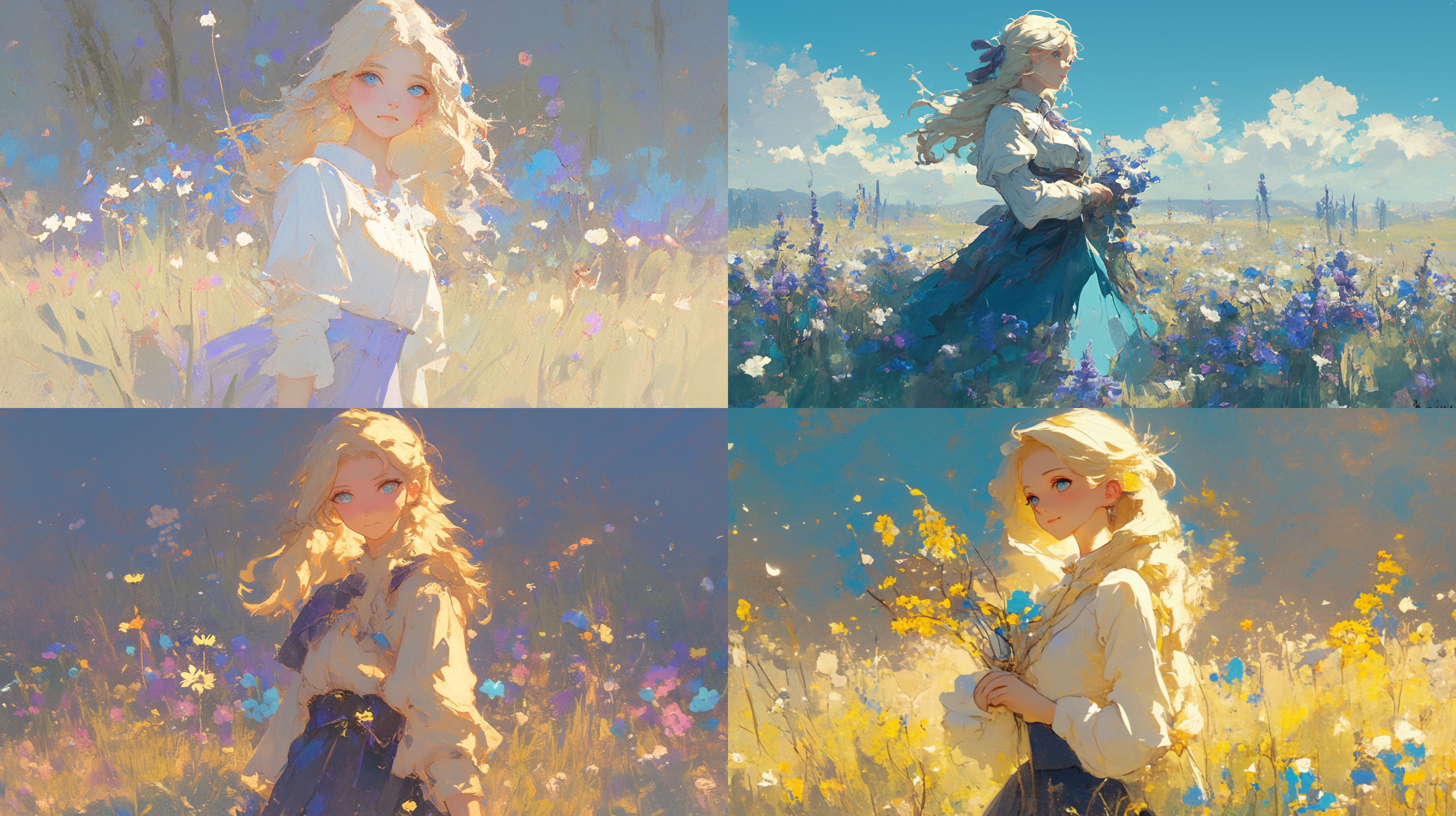 金黄色的头发，淡蓝色的眼睛，脸圆乎乎的，穿着蓝色的小裙子，站在花海中，插画风，油画风