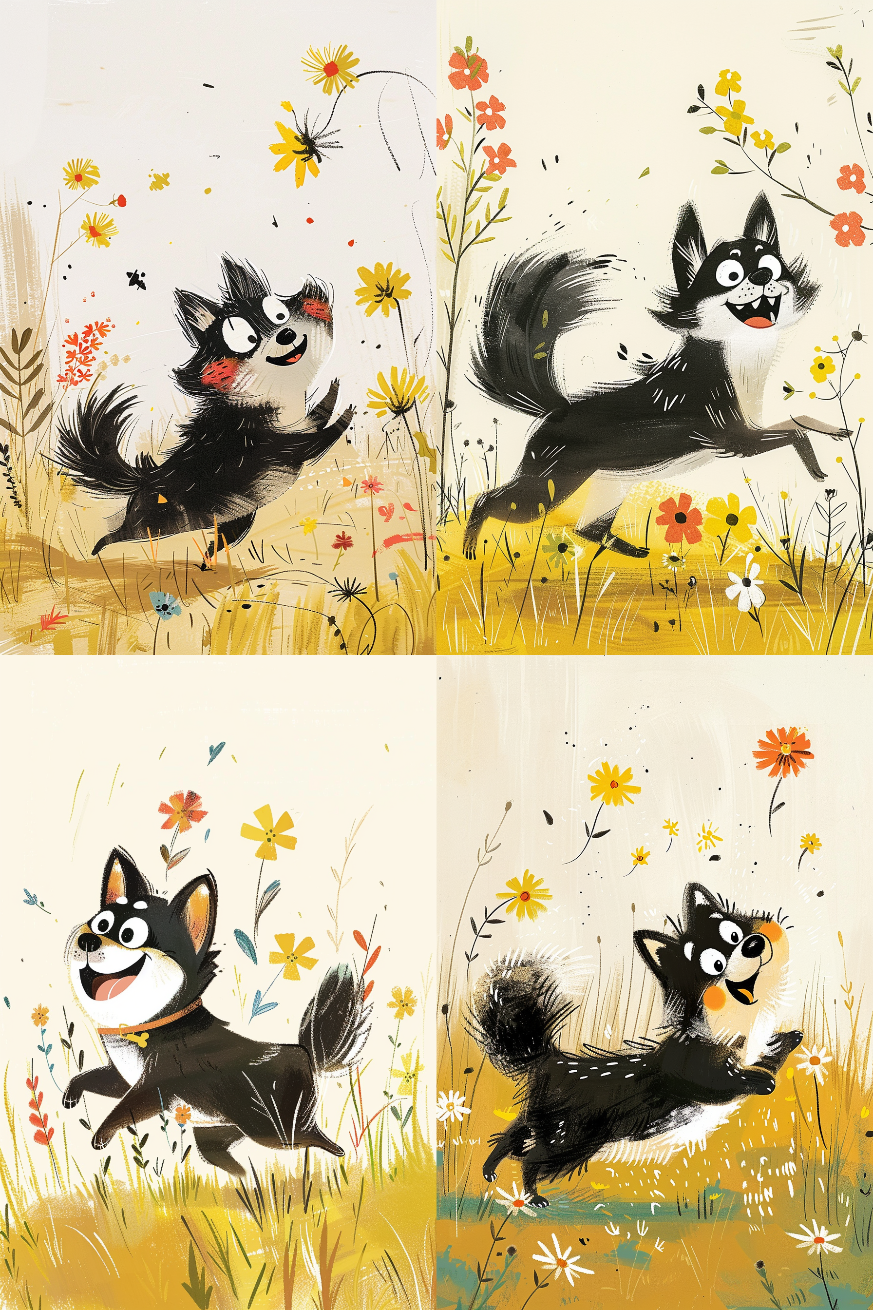 黑色柴犬追逐鲜花，阳光公园，水彩纸质感，简洁线条，扁平色块，淡雅假日色彩，明亮和谐，hazai ozkara风格，动态捕捉，自然光，草地奔跑，尾巴摇摆，眼神明亮，白脸白嘴，生动活泼。