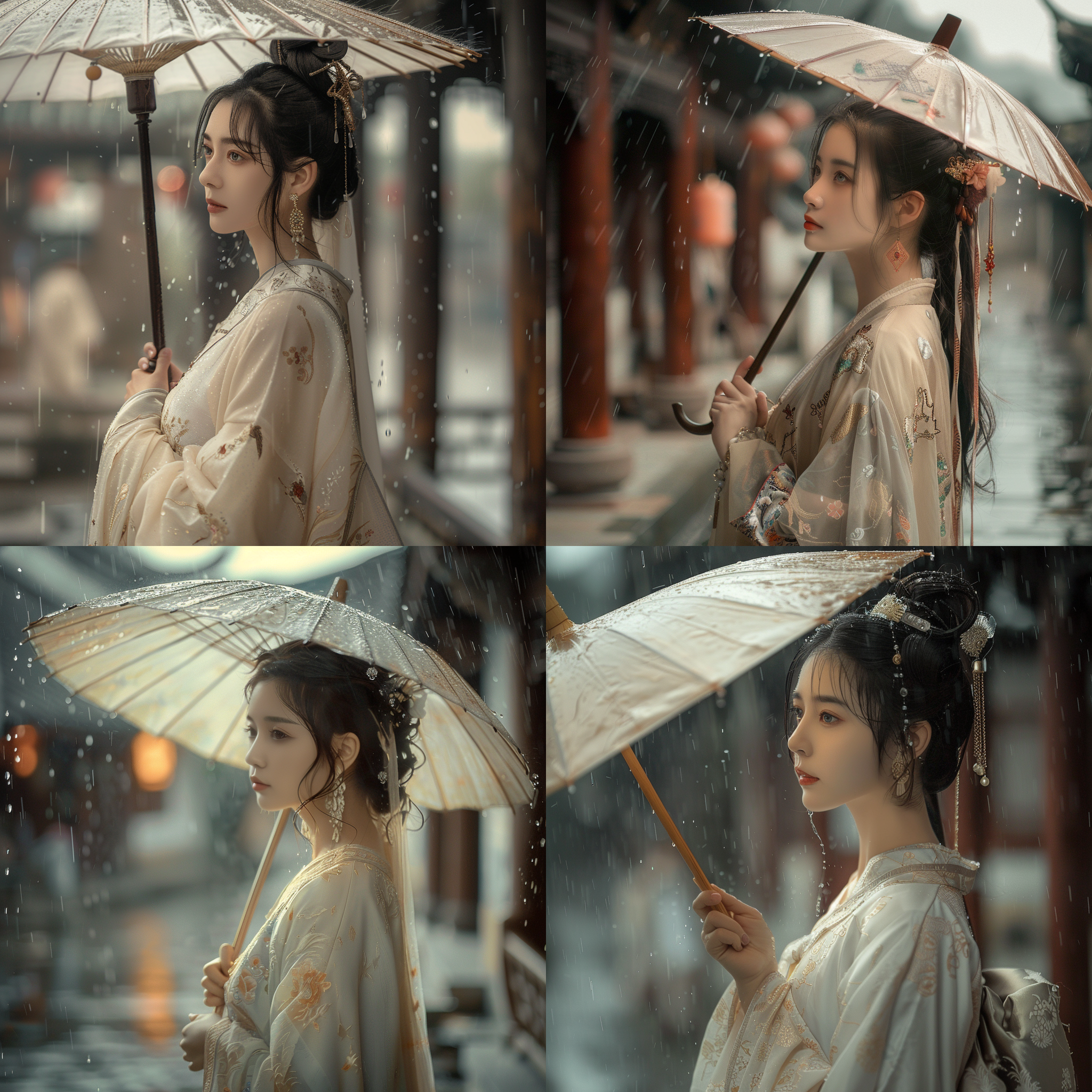 东方美女撑伞漫步江南古镇，侧面特写，齐襦汉服，下大雨，高饱和度，唯美风格，长焦镜头，柔和光线，静谧，优雅，细腻。