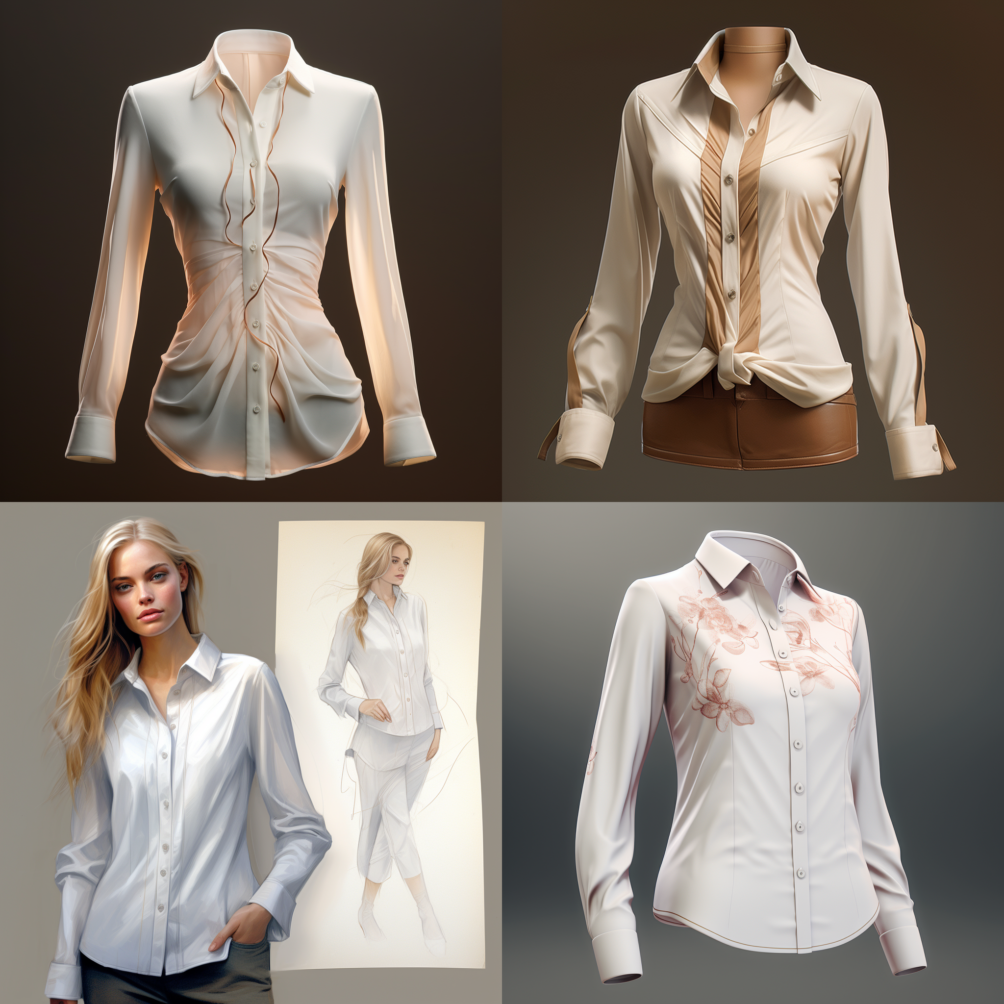 女士衬衫设计，层次感拼接，柔和光线，室内，自然色调，中焦镜头，正面光，细节清晰，优雅，舒适。