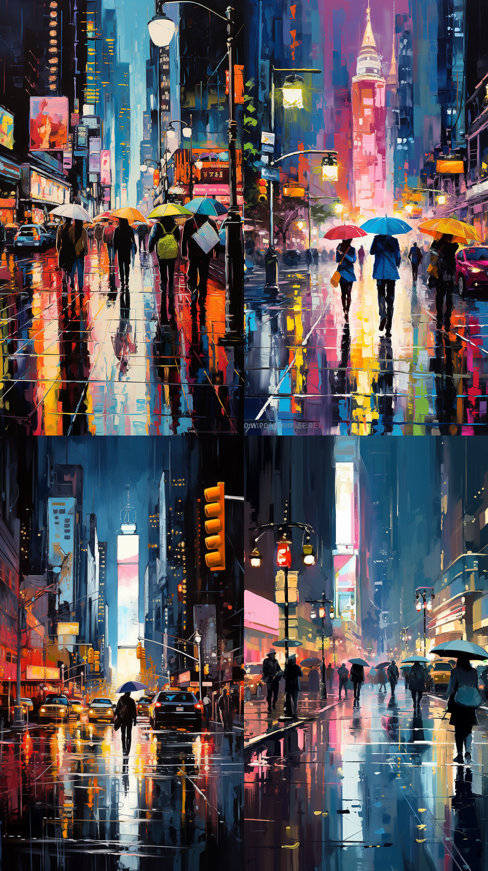 大雨中的城市街道，撑伞的人匆匆行走，霓虹灯光映照在湿漉漉的地面，形成倒影。人物穿着现代都市服装，表情匆忙，雨伞色彩鲜艳。构图以街道为主线，霓虹灯为焦点。关键词：大雨，城市街道，撑伞行人，霓虹灯倒影，现代都市服装，匆忙表情，鲜艳雨伞，湿滑路面，夜景，霓虹光效，动感模糊。