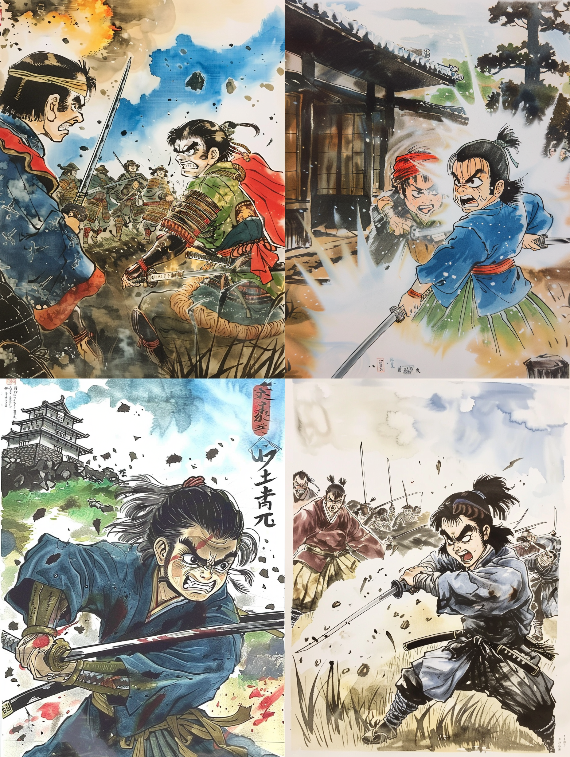 日本武士，漫画风格，打斗场景