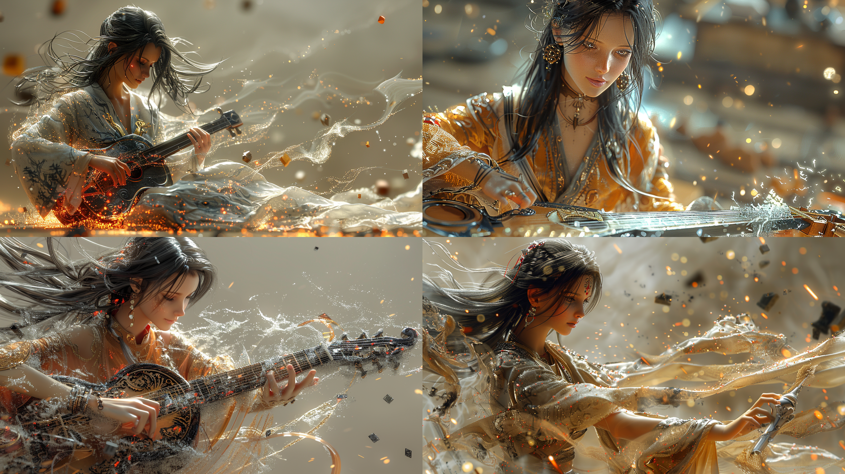 美女姿态优雅演奏乐器，地面和空中隐约浮现江山地图，地图上零散放着围棋黑白子