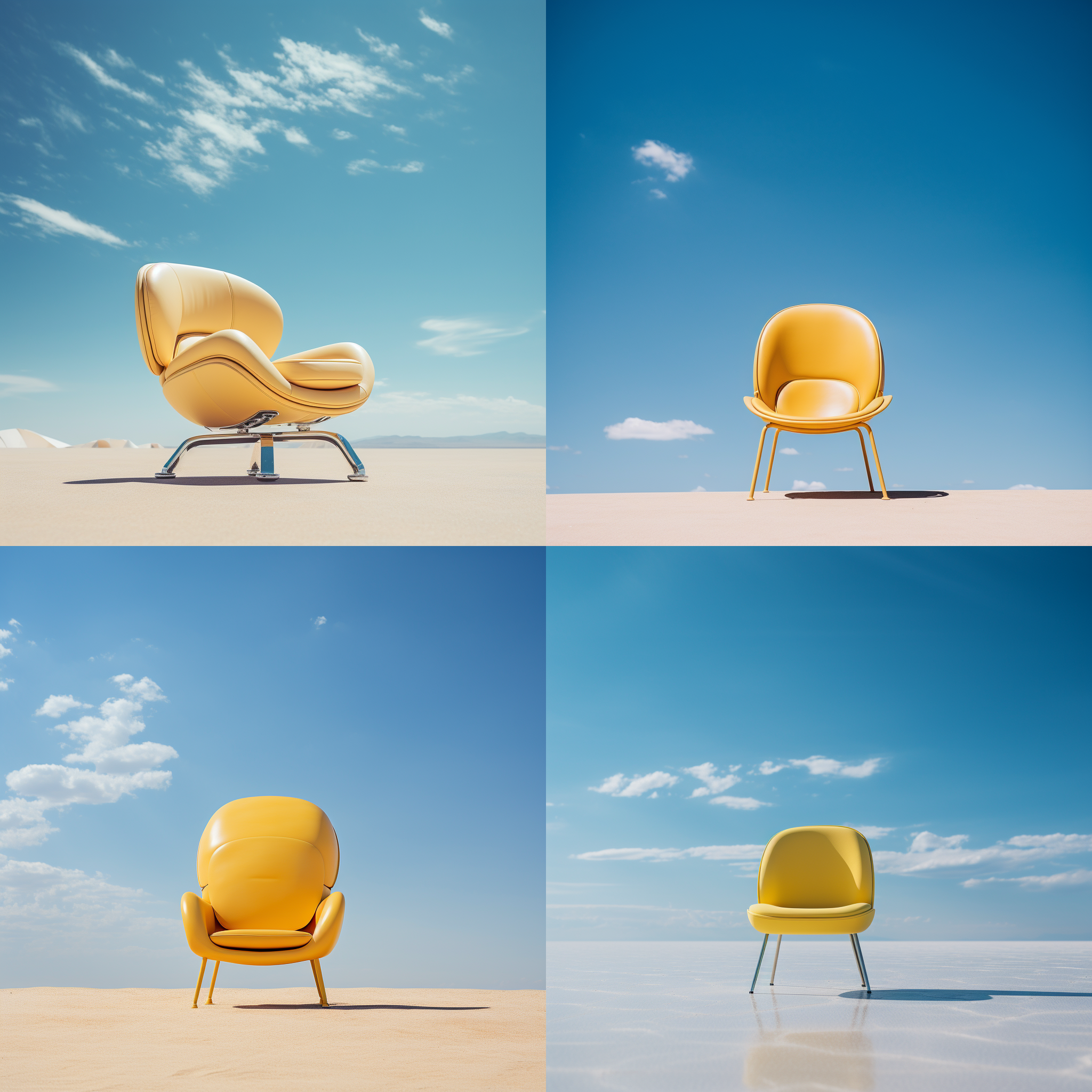 椅子设计，甲壳虫灵感，艺术风格，淡黄色椅身，蓝色天空背景，自然光线，极简主义，高光细节，低角度拍摄，宽景深，宁静氛围。