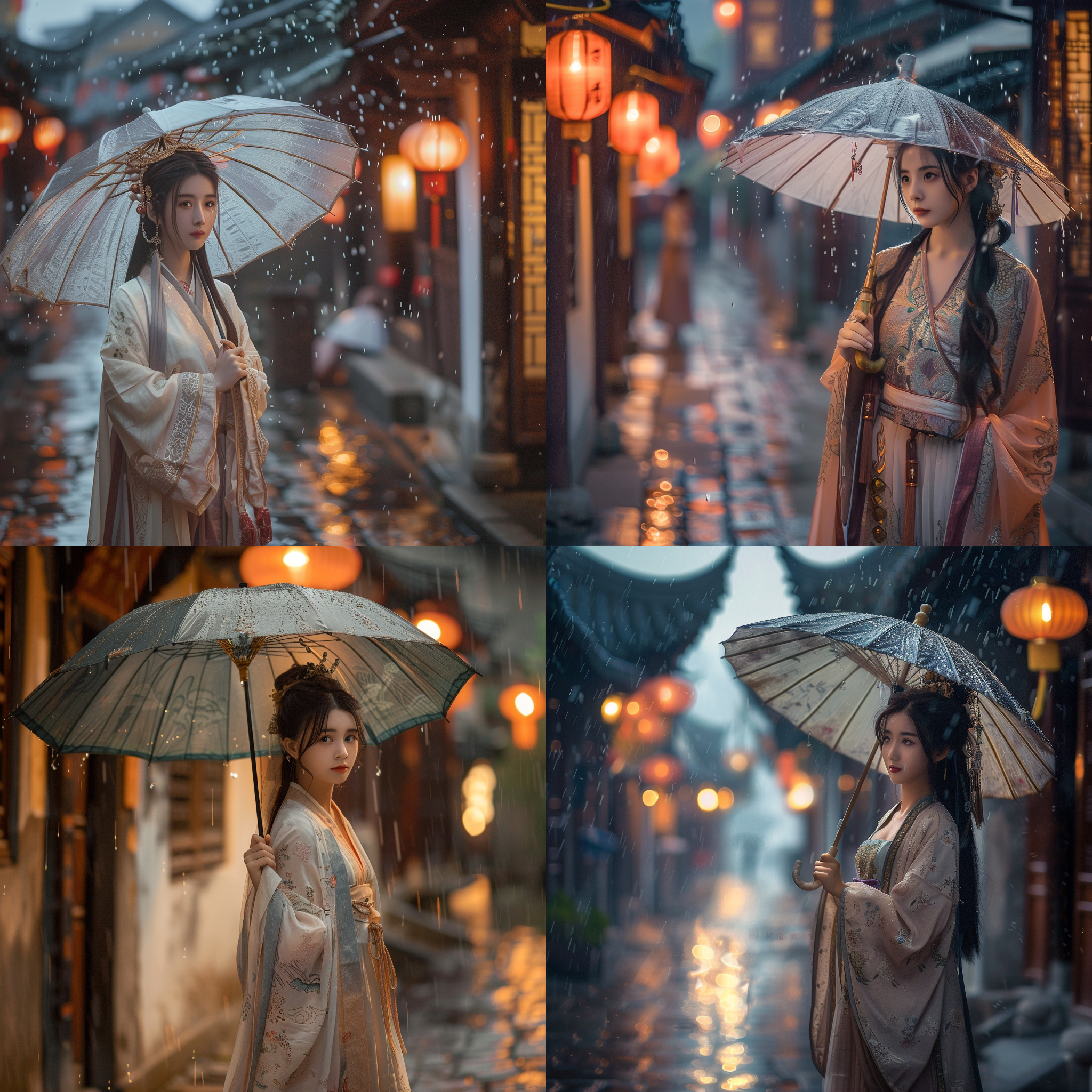 东方美女撑伞漫步江南古镇，齐襦汉服，正面视角，高饱和度色彩，唯美风格，长焦镜头捕捉细节，柔和光线营造静谧氛围，展现优雅细腻之美，雨滴点缀，古镇背景增添故事感。