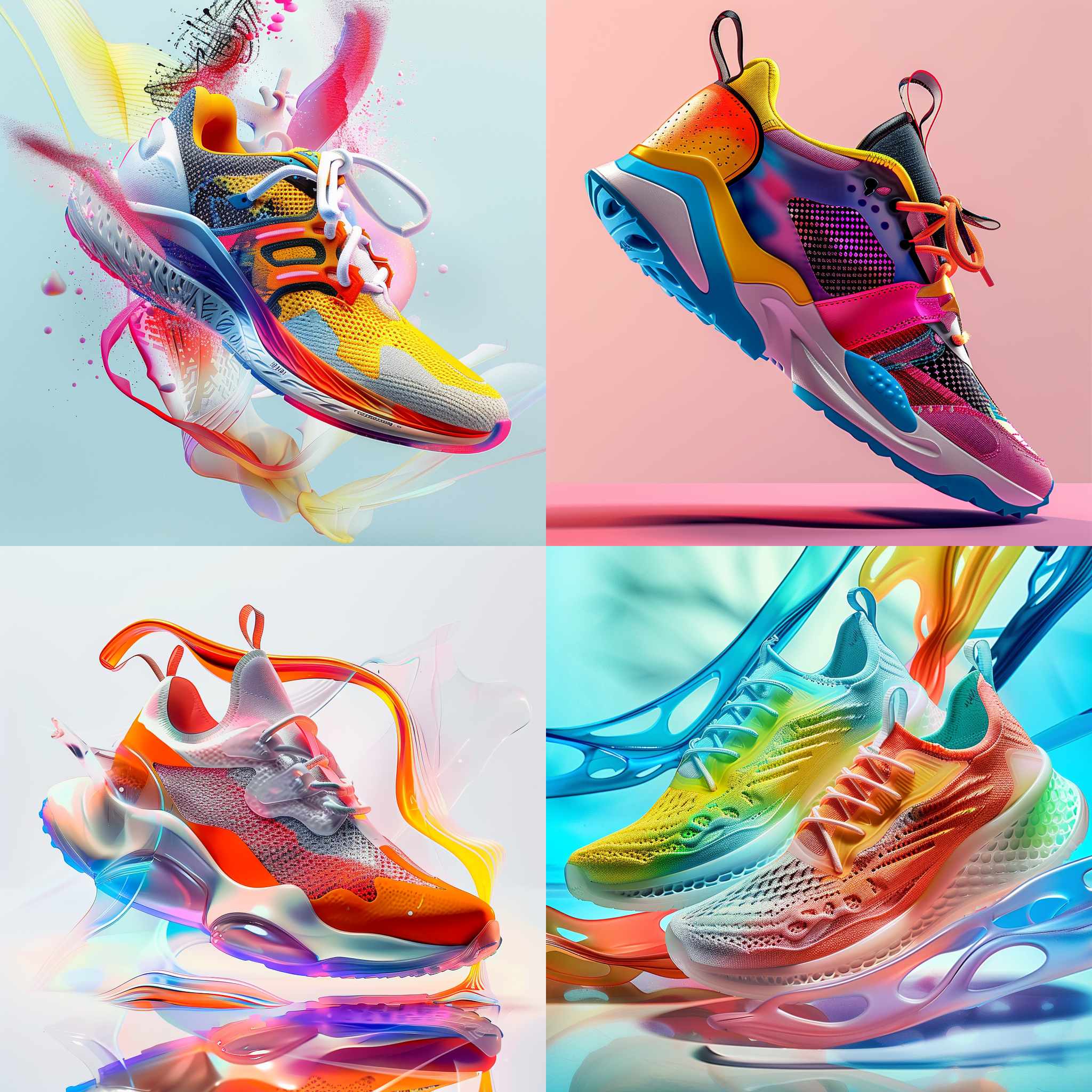 亮色调运动鞋产品拍摄，海报风格，重点照明，高清画质，孟菲斯风格，多彩元素，动感设计，抽象背景，时尚风格，前景聚焦，白色背景，高光，锐利细节，鲜艳色彩，活力四射。