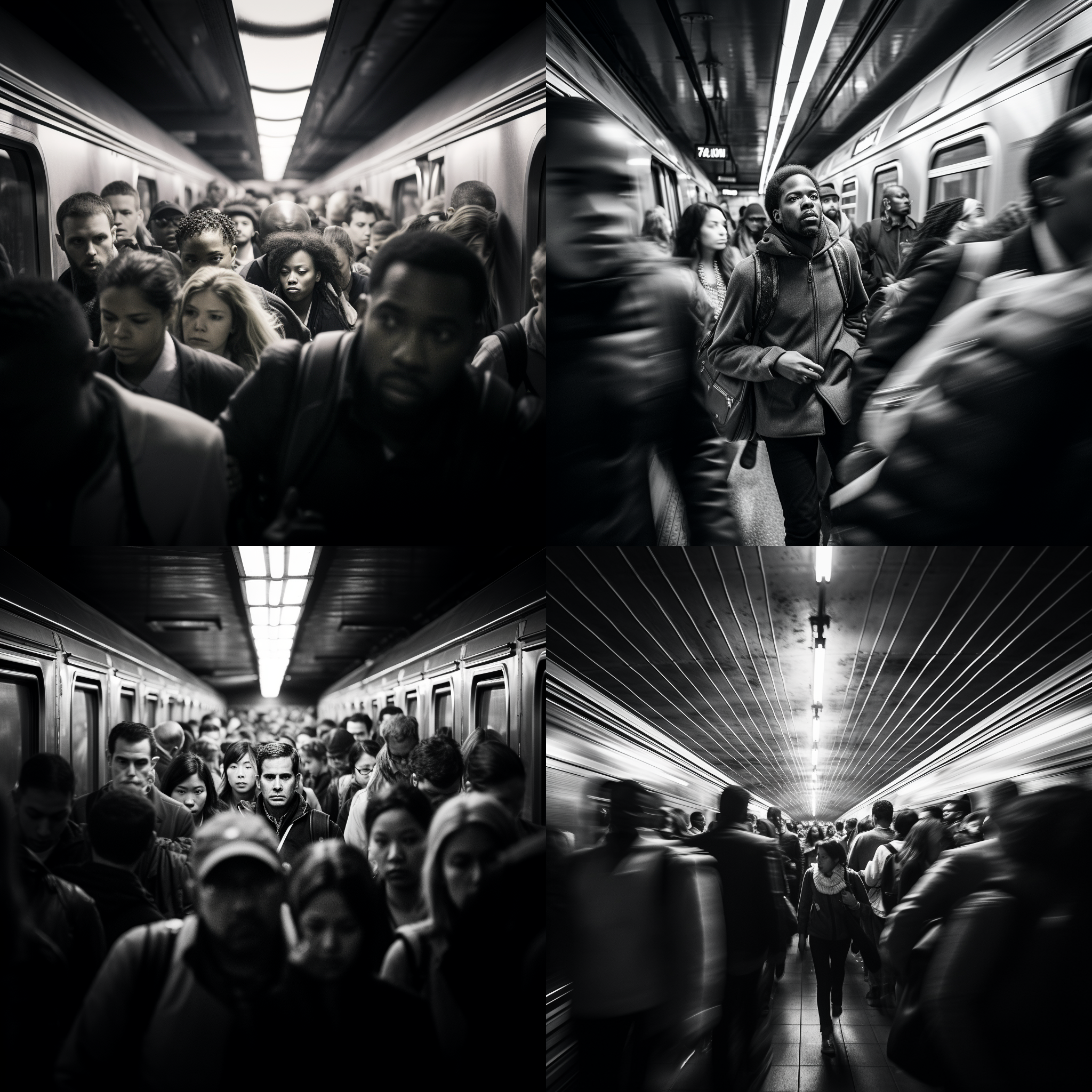 高峰时段通勤，地铁站内，人群拥挤，黑白摄影，低角度，长曝光，动态模糊，焦虑表情，匆忙步伐，对比鲜明。