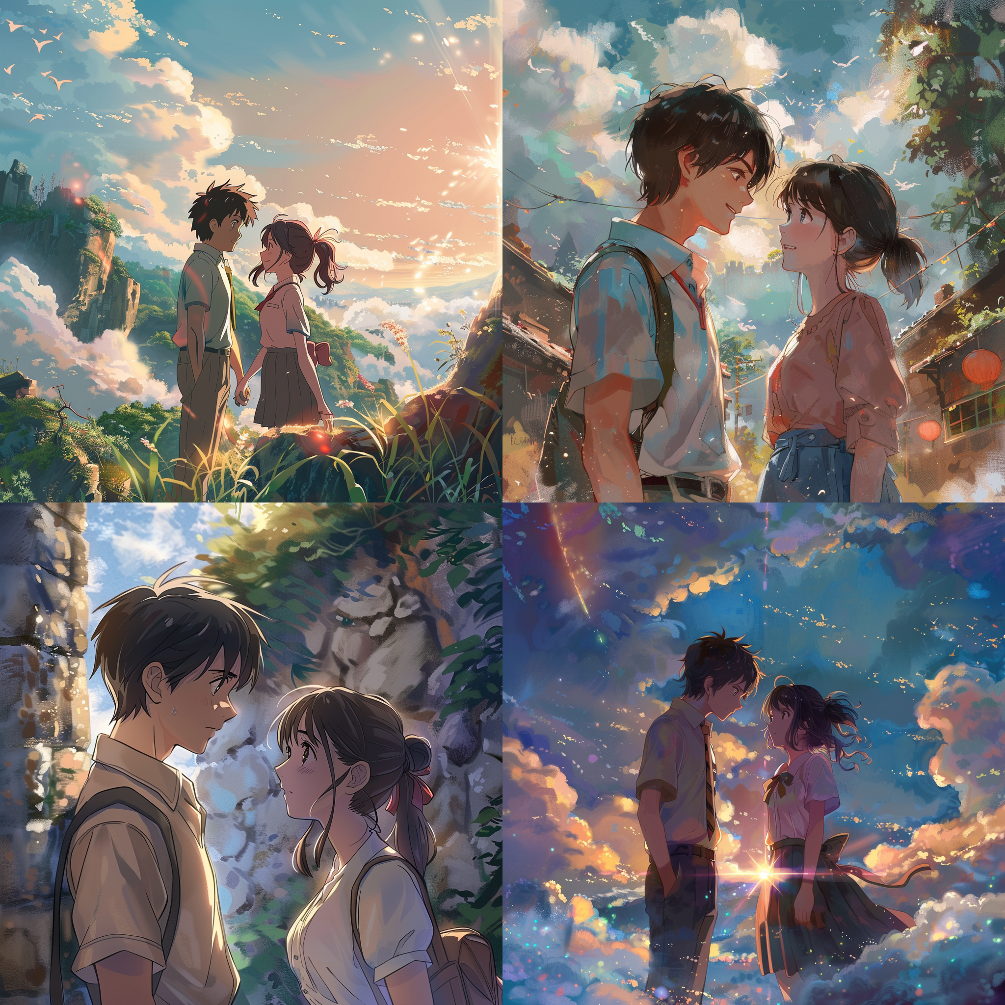 动漫风格，你的名字主题，宫崎骏画风，细腻笔触，天空之城背景，柔和光线，长焦镜头，梦幻色彩，男女主角相望，情感交织，浪漫氛围。