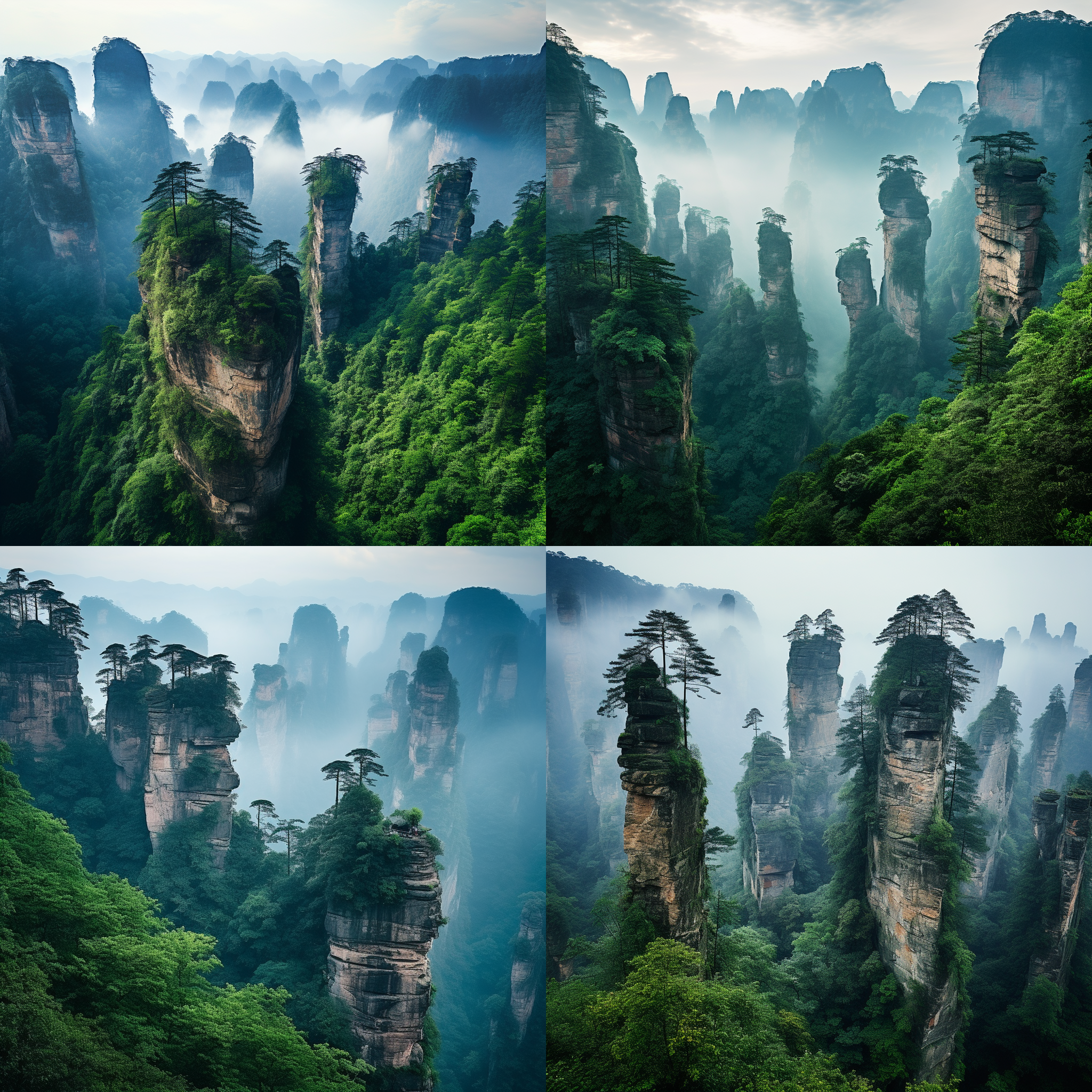 张家界群峰耸立，云雾缭绕山峰，绿色植被覆盖，全景构图，自然风光，长焦镜头，远景，晨光，柔和光线，静谧，神秘。