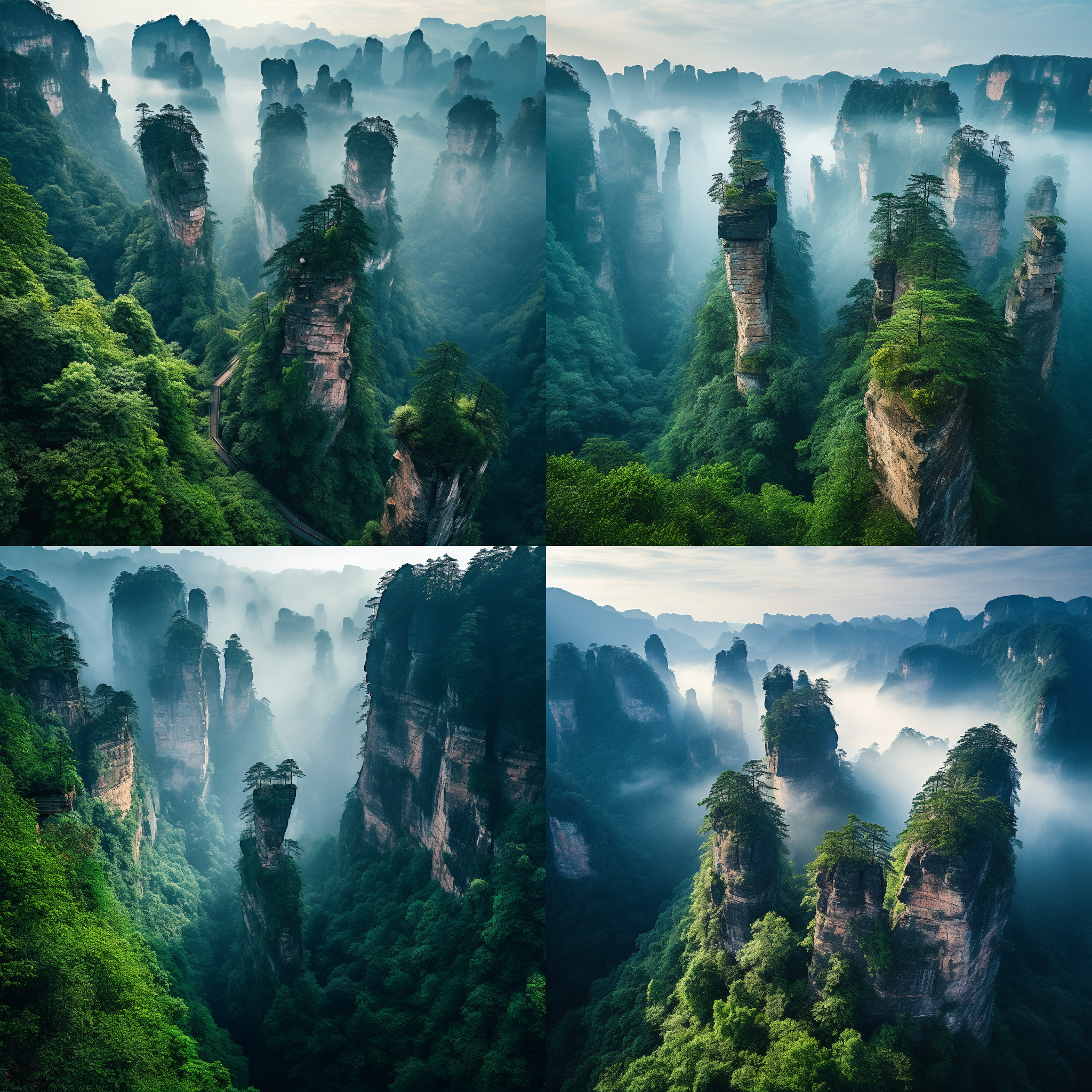 张家界群峰耸立，云雾缭绕山峰，绿色植被覆盖，全景构图，自然风光，长焦镜头，远景，晨光，柔和光线，静谧，神秘。