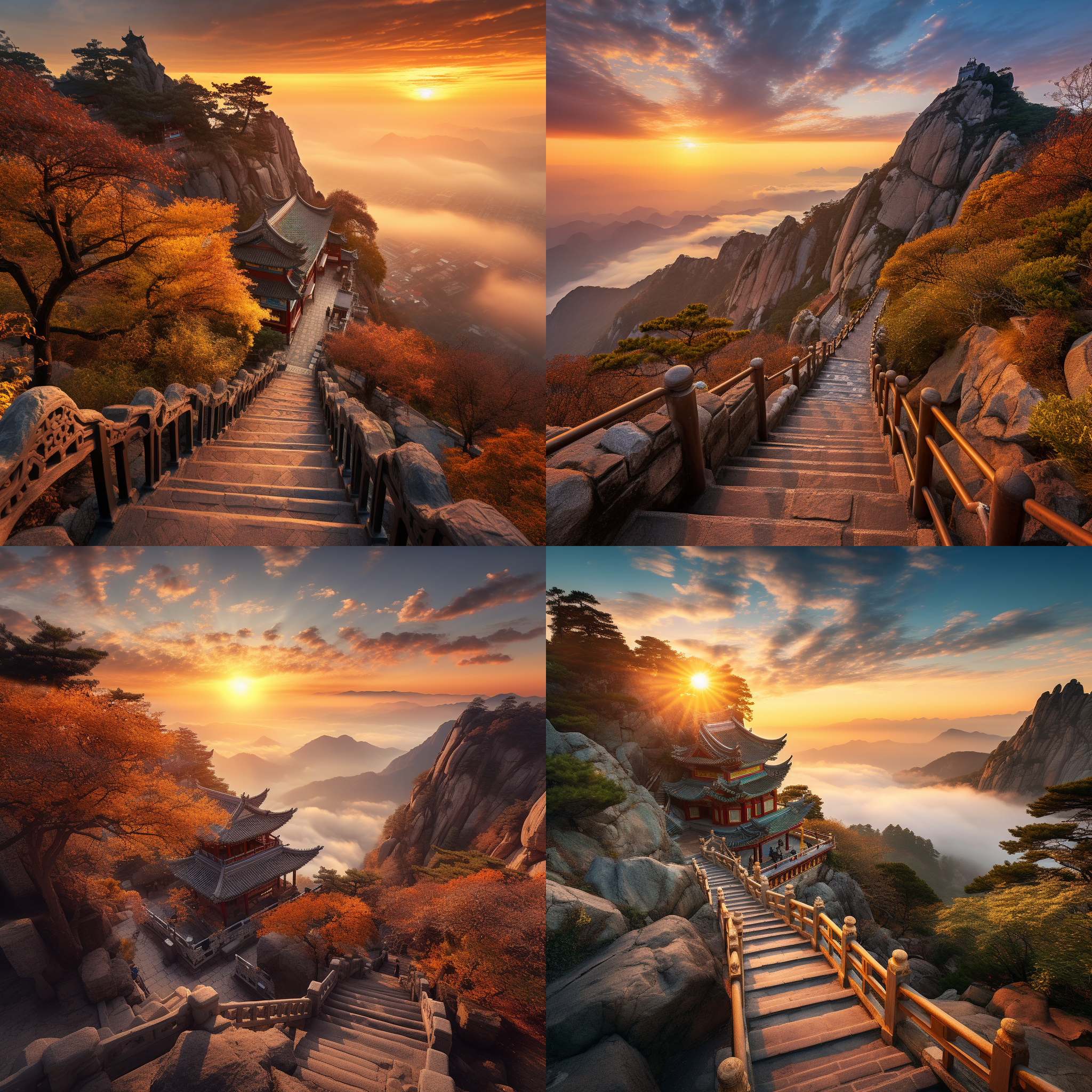 泰山雄伟山势，蜿蜒登山阶梯，日出金色光芒，广角镜头，hdr效果，全景，清晨，冷暖色调对比，静谧，崇高。