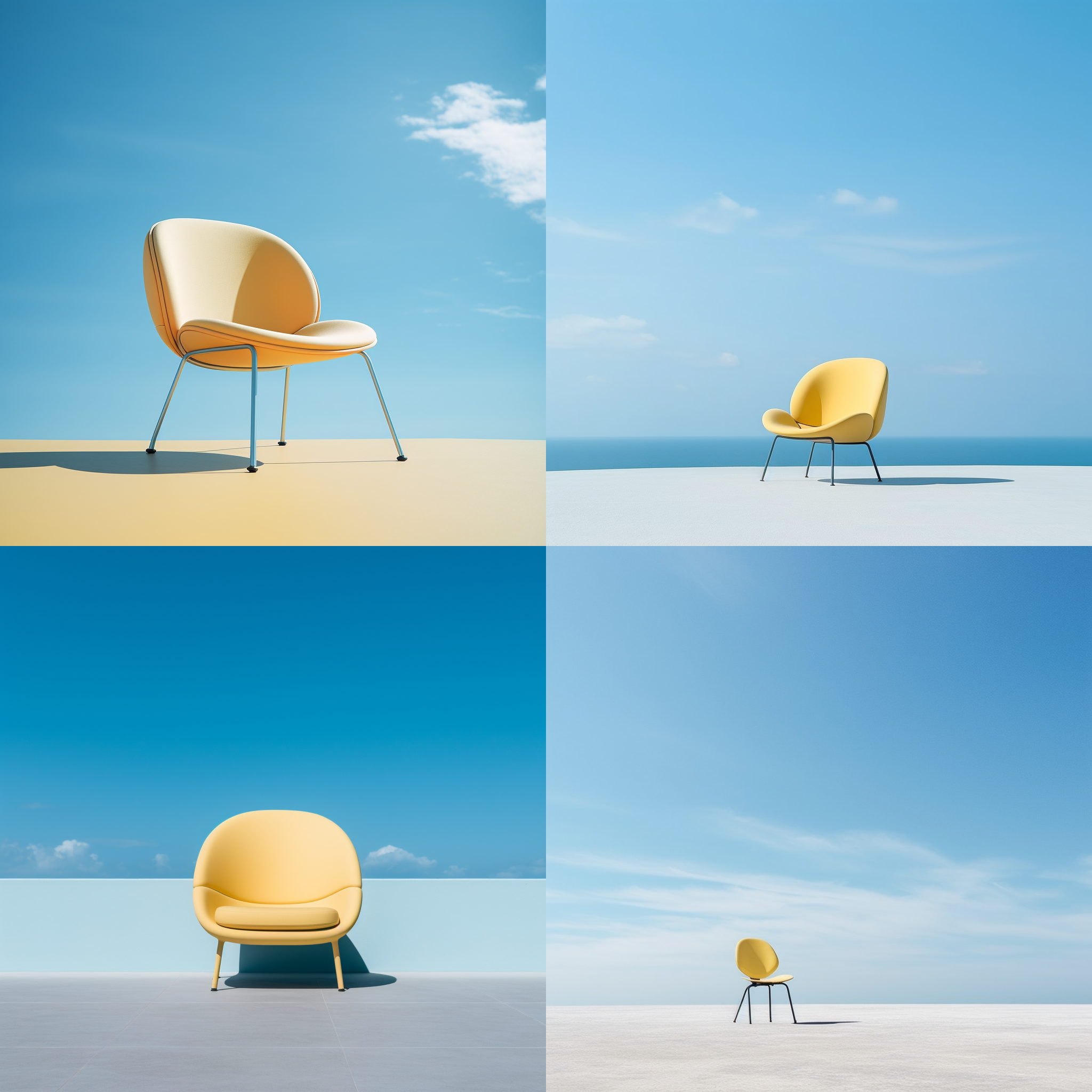 椅子设计，甲壳虫灵感，淡黄色调，蓝色天空背景，自然光线，俯视视角，极简风格，工业设计，光滑表面，简洁线条，宁静氛围。