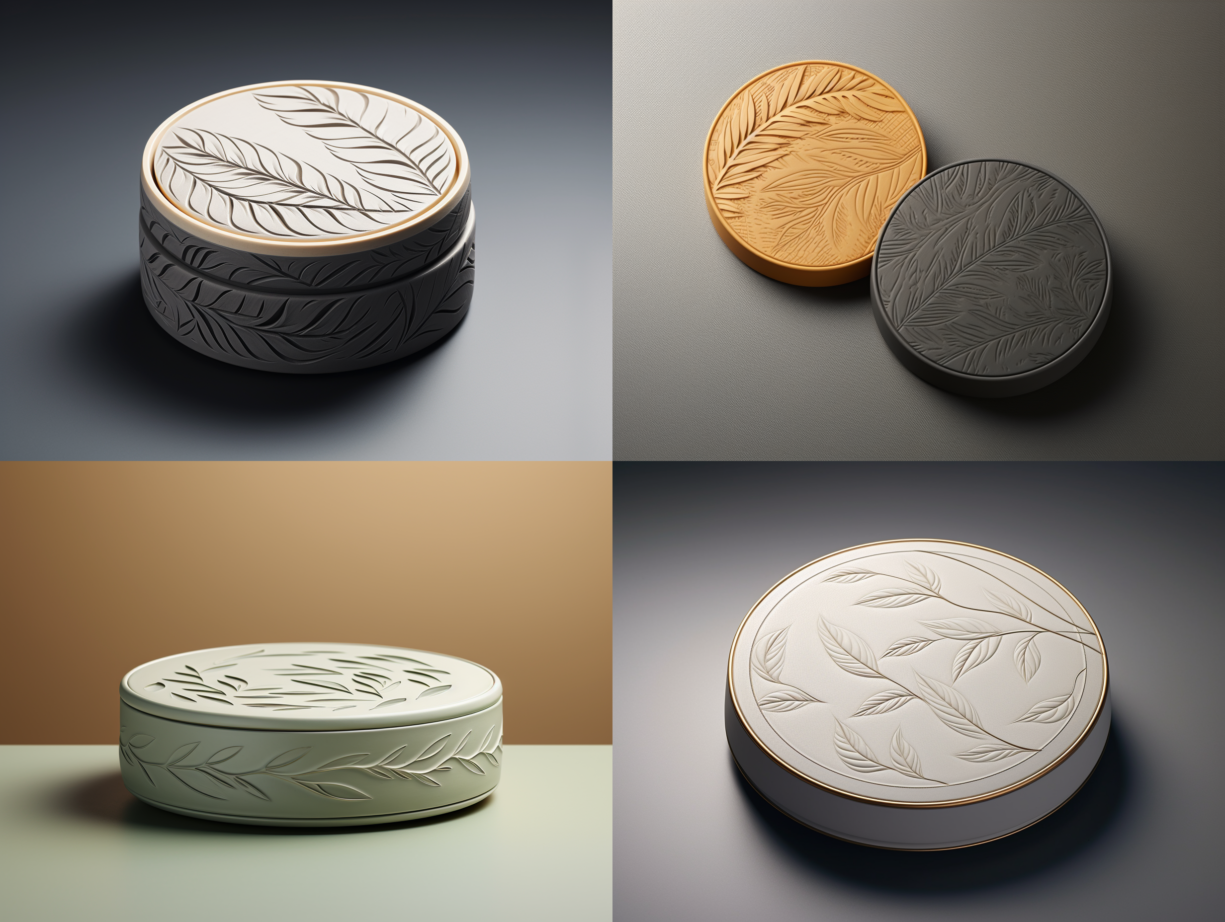 茶叶罐盖设计，茶树叶图案，自然元素，简洁优雅，传统与现代结合，陶瓷材质，细腻质感，光滑曲线，几何形状，茶文化魅力。