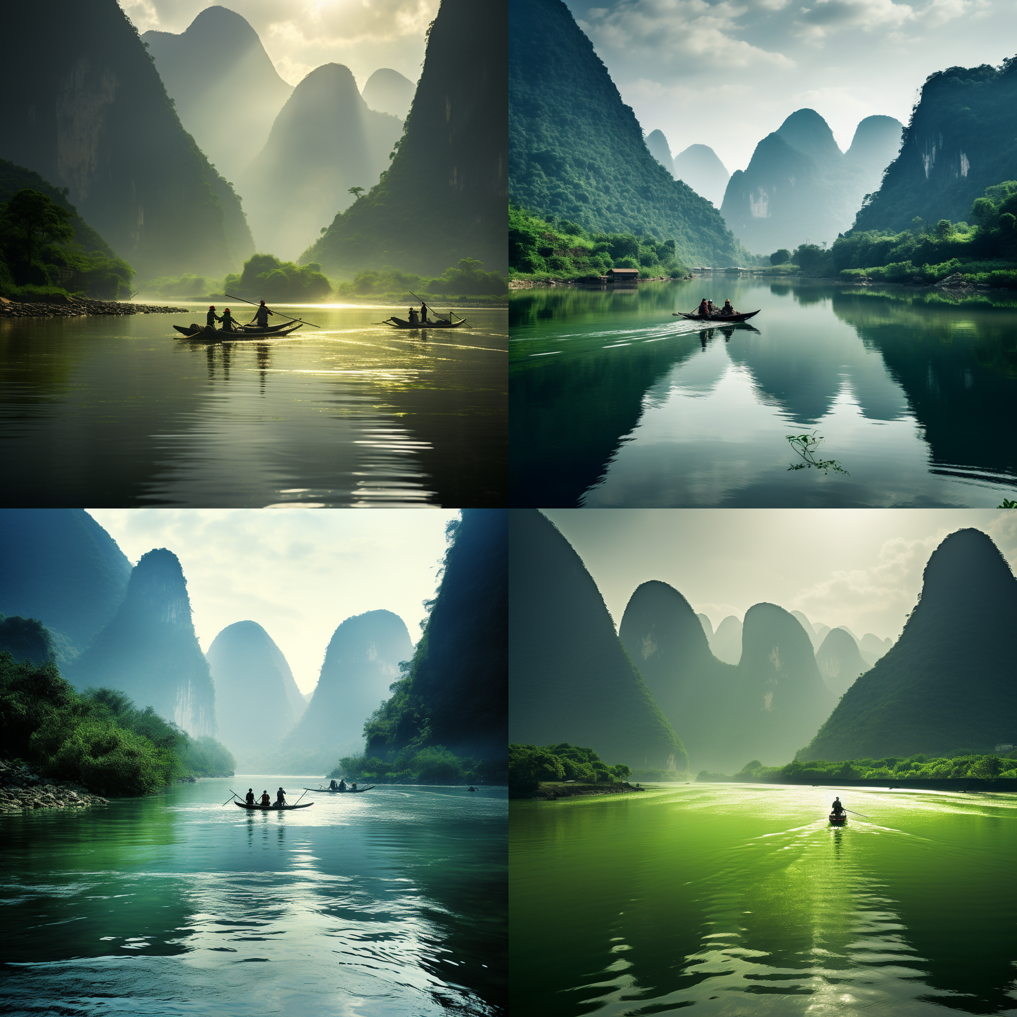 漓江蜿蜒，青山对峙，渔夫竹筏，波光粼粼，长曝光，自然风光，宽幅镜头，柔和光线，宁静，和谐，绿色调，水波纹。