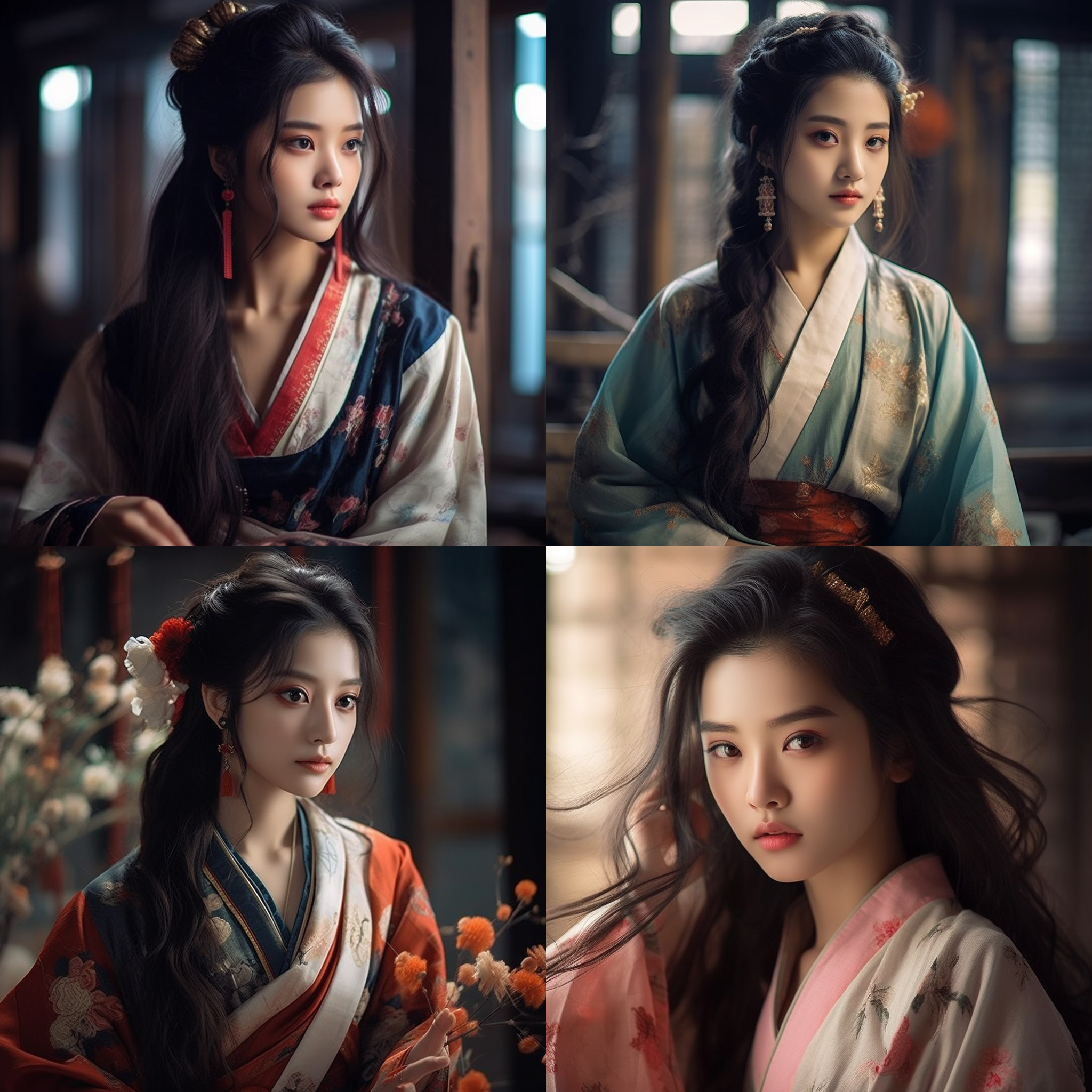 华丽汉服美女，正面肖像，柔和光线，室内背景，长焦镜头，浅景深，细腻皮肤，温婉表情，传统发饰，鲜艳色彩，古典优雅。