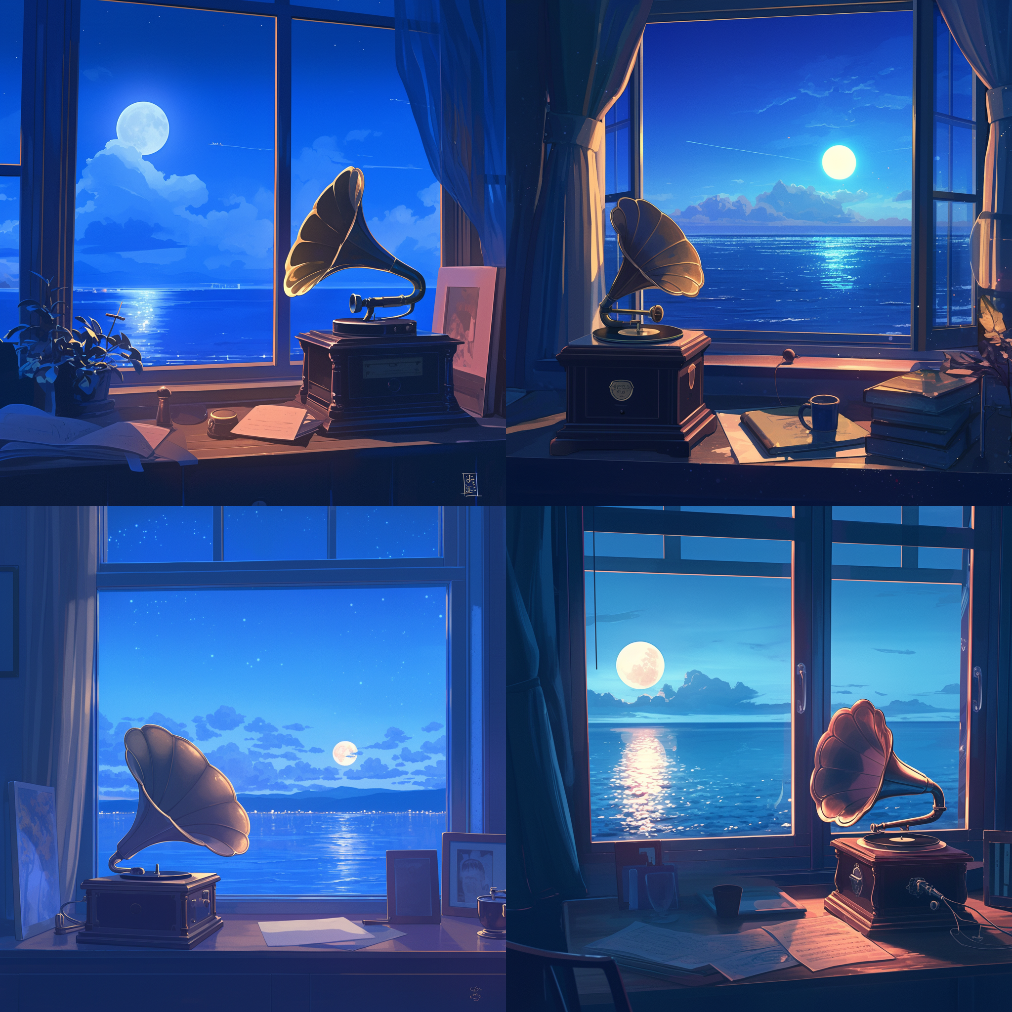 留声机在木桌上，月光海景窗外，明月海上，窗户玻璃微光，室内暗调，银色月光，长曝光，静物摄影，复古风格，宁静，温暖。