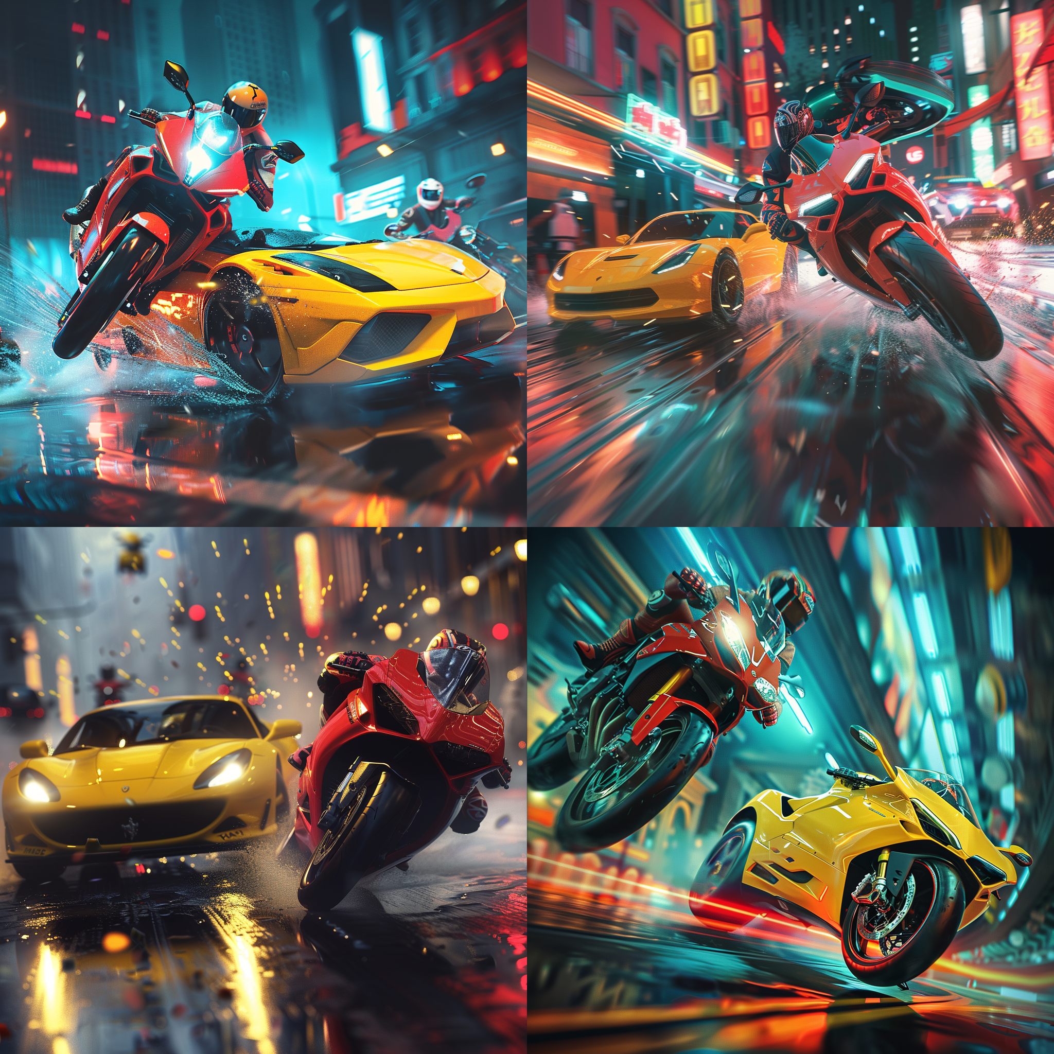 特技表演，黄色汽车与红色摩托车分置两侧，横版16:9构图，多背景，超高分辨率，游戏cg风格，车辆翘头，真实细节，高饱和度，霓虹色调，动作激烈，快门速度快，侧光，动感十足。