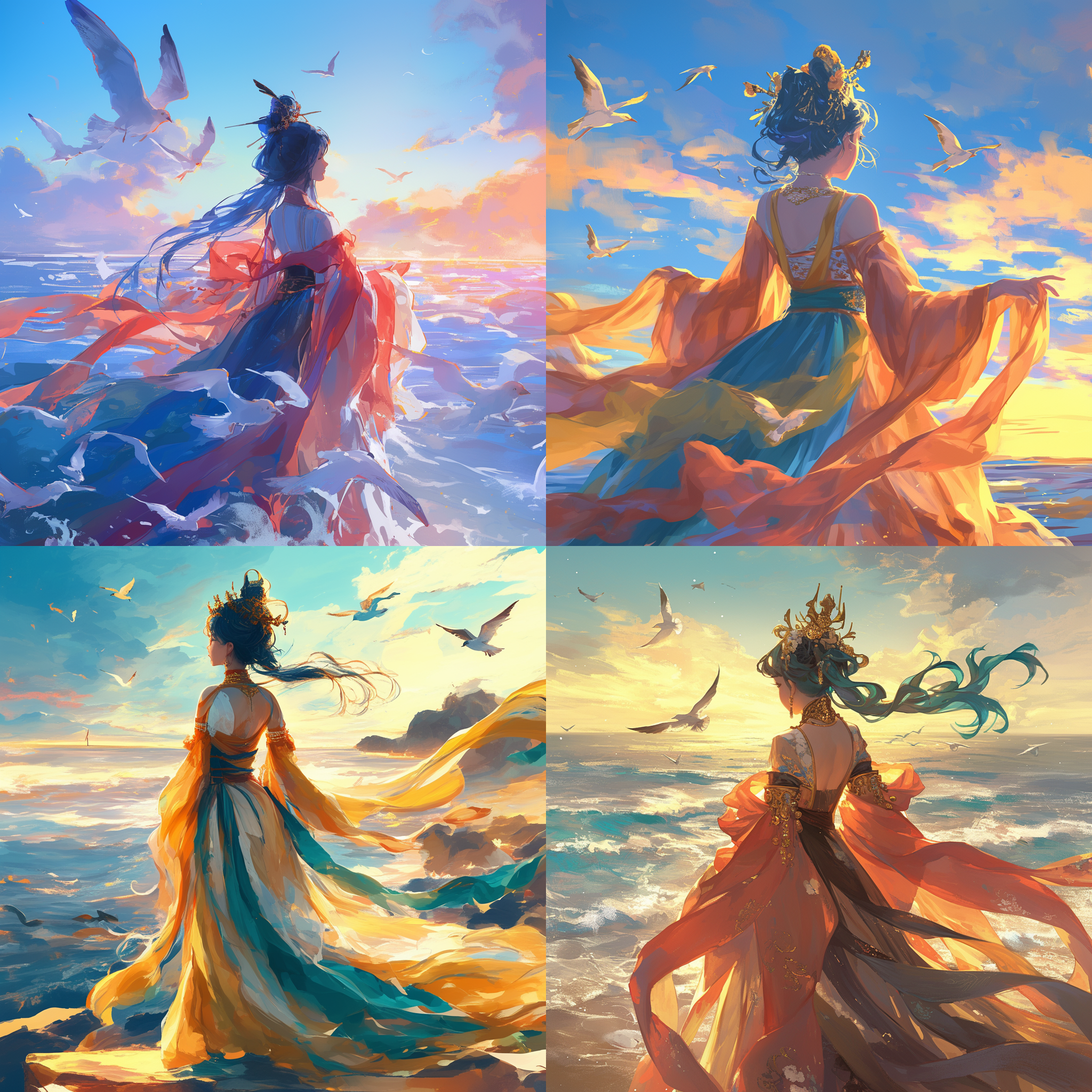 敦煌美女，姿态优美，仙气飘飘，颜色饱满，五官精致，蓝色头发，背影，晚霞氛围，海边，海鸥，金色头饰，比例1:2，长焦镜头，逆光，柔和光线，梦幻色彩，飘逸裙摆，静谧，神秘。