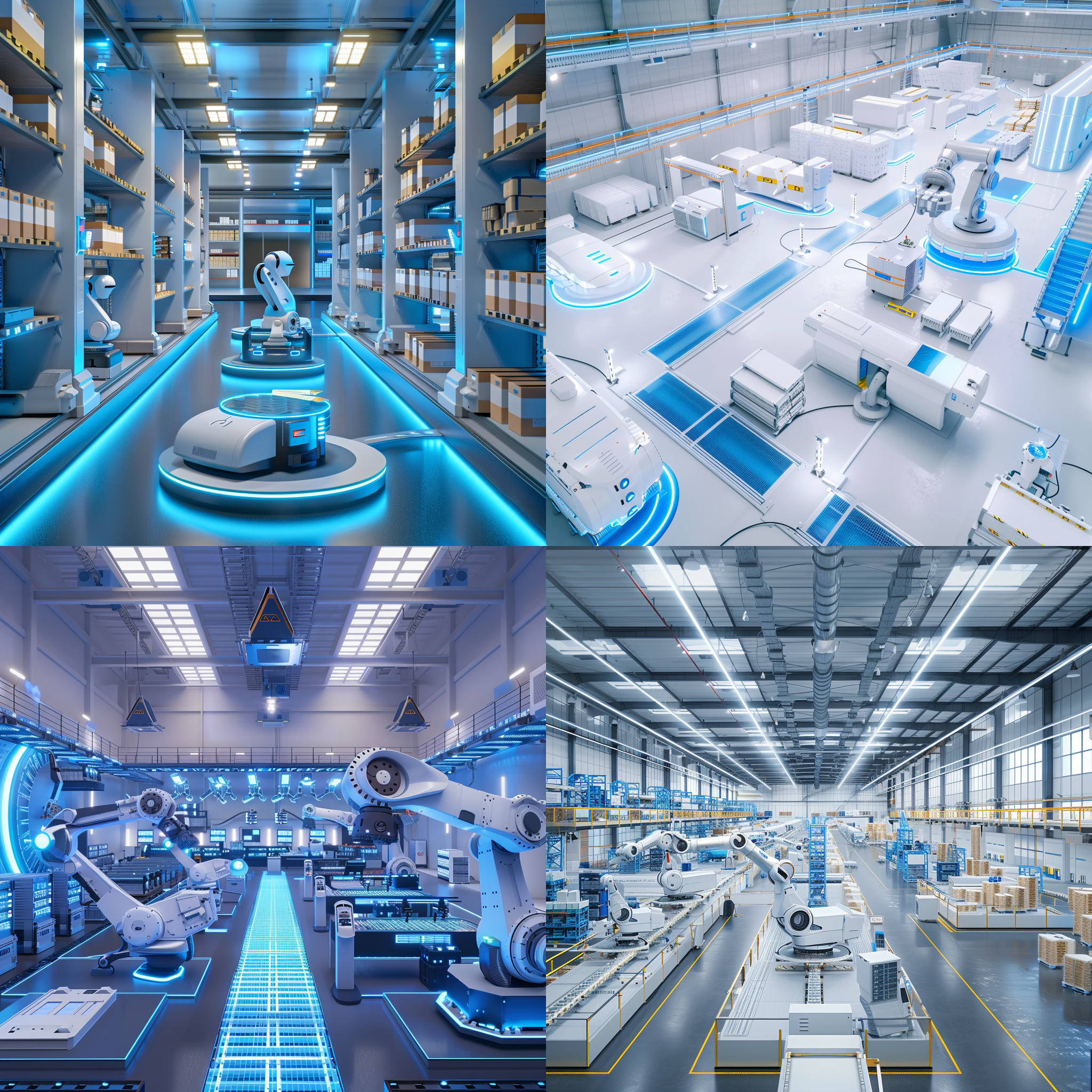 智能物流仓库，机械臂与机器人协同，物品有序移动，现代高科技环境，柔和蓝色装饰，简洁设计，宁静感，干净颜色，蓝色发光玻璃，白色空间，白色蓝色石膏风格，大光圈，空中视角，高效配送。