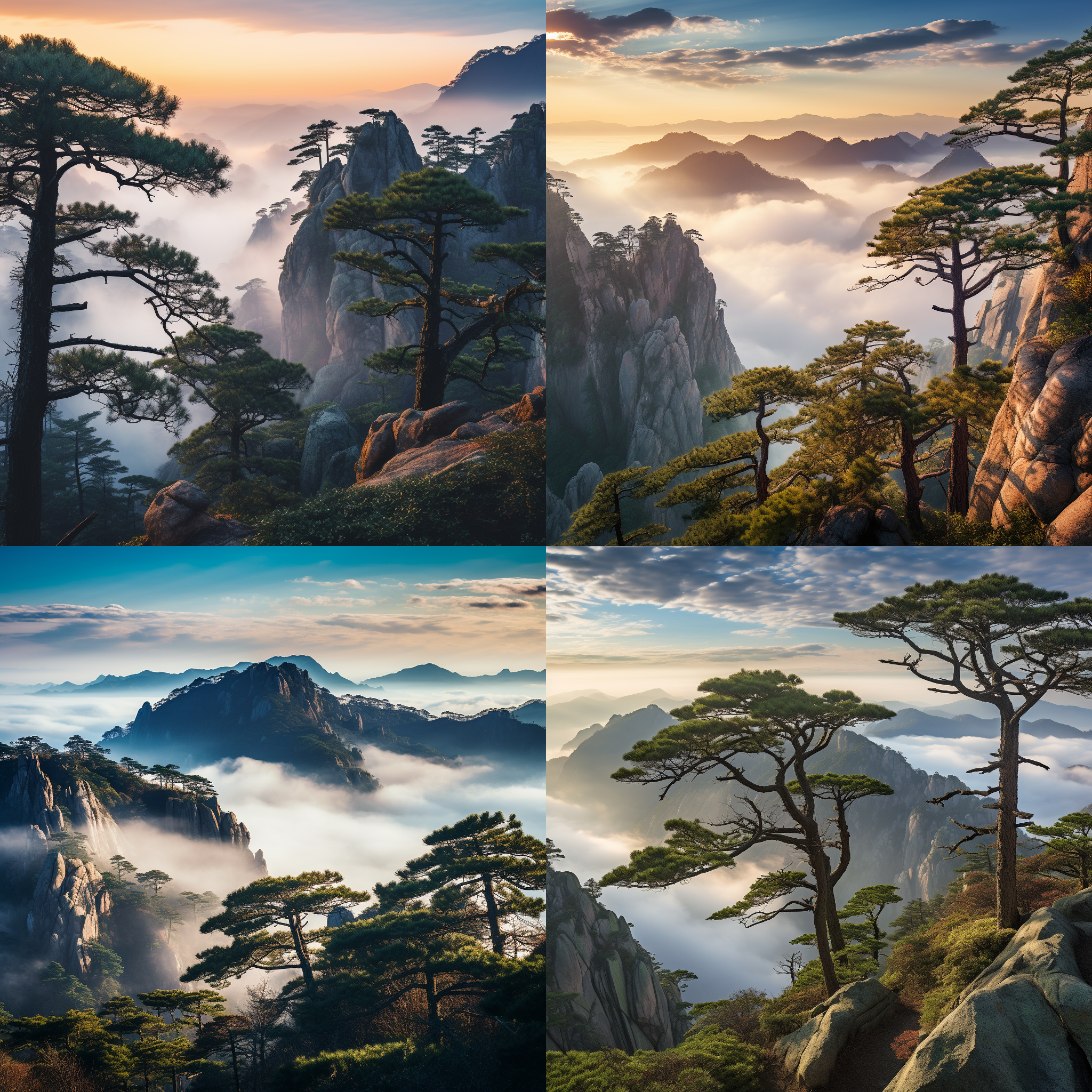 黄山山峰，峻峭挺拔，松树苍劲，云海翻滚，阳光穿透，远景构图，自然光，长焦镜头，高清晰度，冷暖色调对比，宁静，壮丽。