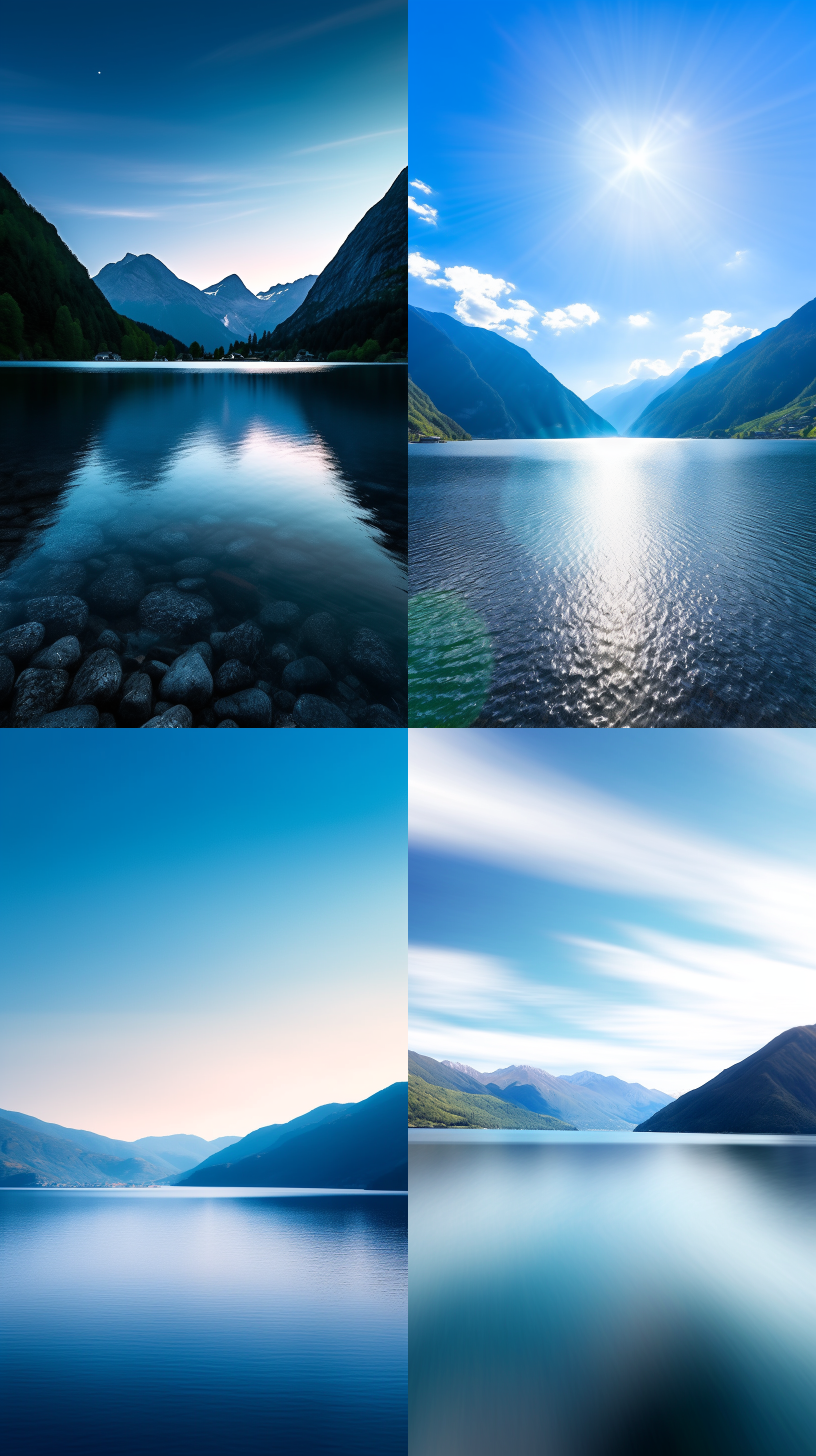 天空湖泊远景，湖水蓝色，水天一色，白天阳光明媚，广角镜头，自然光线，宁静氛围，色彩鲜明，远山近水，和谐统一，长曝光，低角度拍摄，清晰倒影。