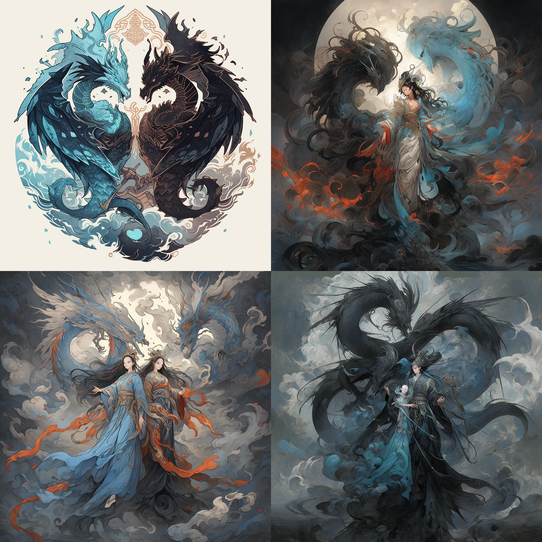 青龙神君与凤凰神女并肩站立，表情冷漠，怀中抱着黑龙褚泽，褚临被排斥在外，画面中央构图，冷色调，神话风格，长焦镜头，背光，细腻纹理，疏离感，高贵气质。