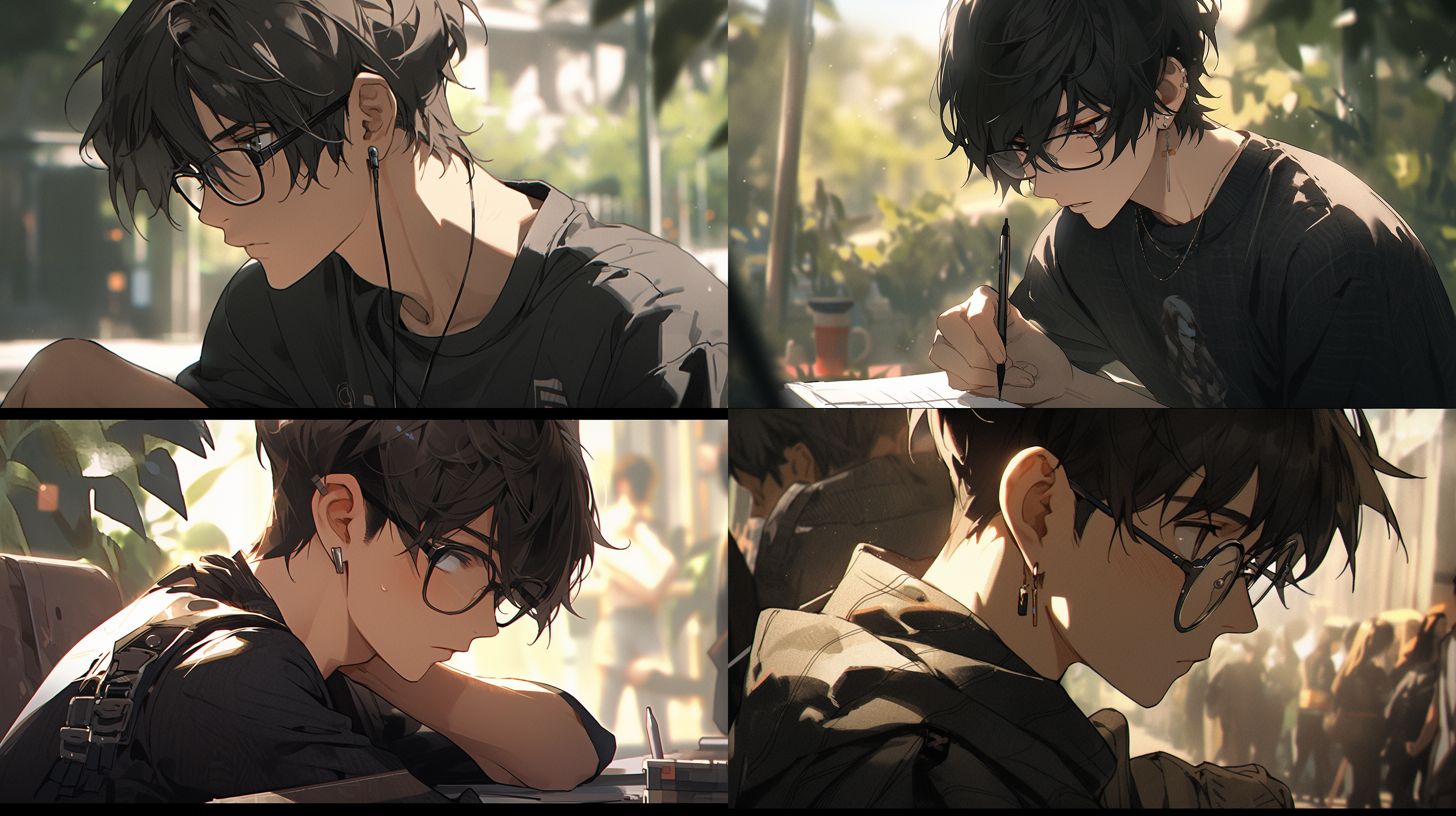 一个男孩坐在室外，侧脸，高鼻梁，大眼睛，戴着黑框眼镜，穿着黑色t恤，头发黑色超短，水彩风格，半身照，暖色系，高品质，高分辨率 卡通