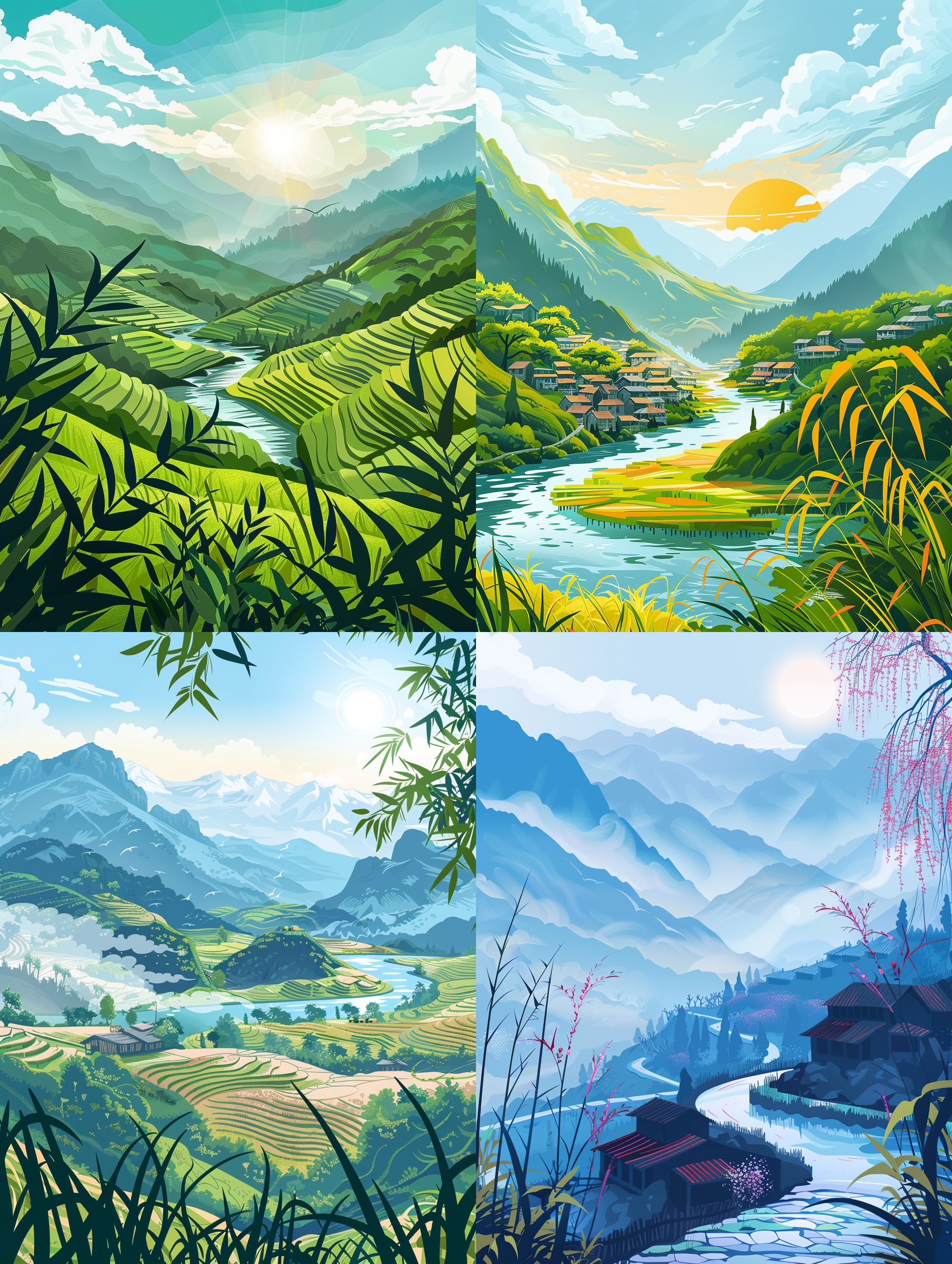 spring bright tones, mountains, clouds, water, terraces, mountain villages, willows, bamboo, wide angle，natural light, sun, blue sky,cinematic light, flat style, vector illustration, design style, ui，real photography, super detail，8k，best quality,