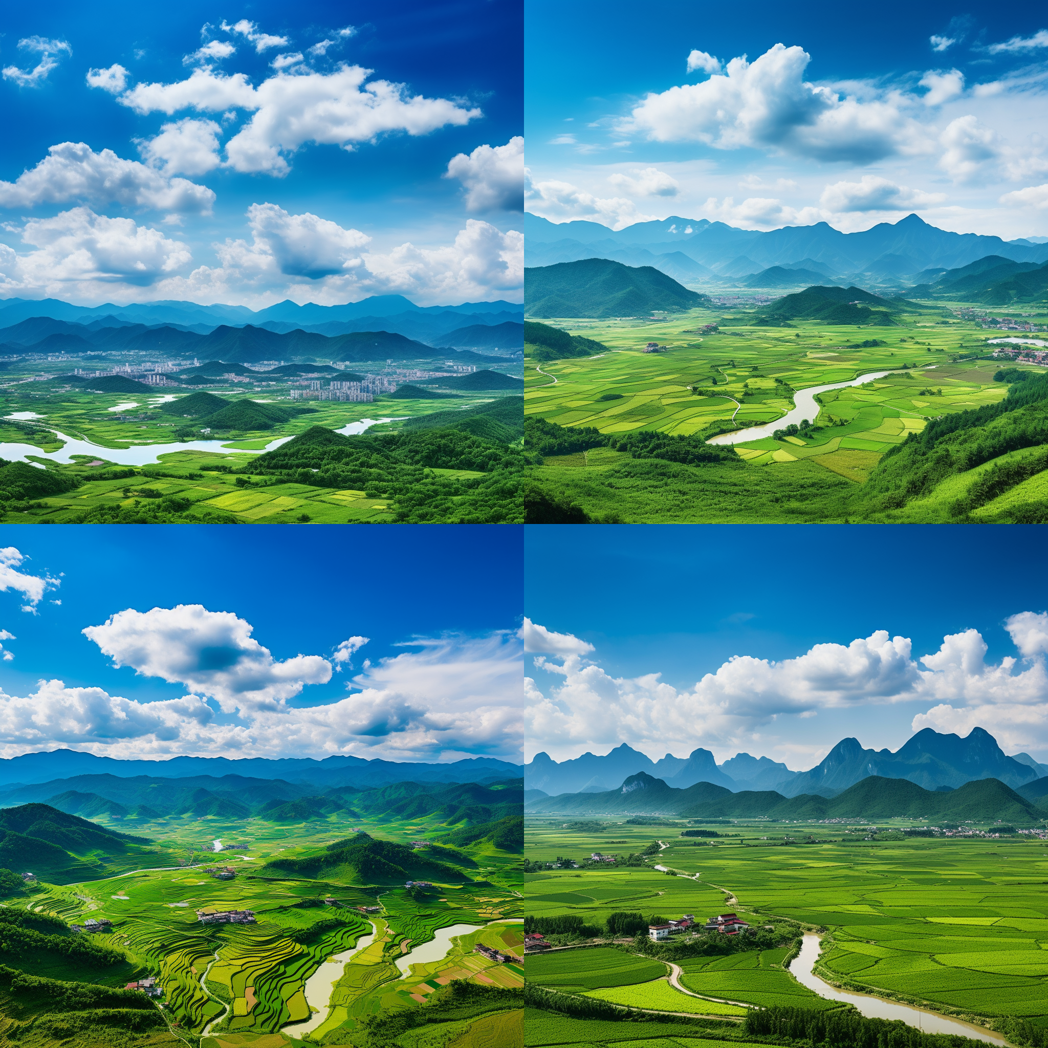 中国大地广袤山河，蓝天白云下青山绿水环绕，城市高楼与乡村田园和谐共存，全景构图，自然风光与人文景观交融，高清晰度，广角镜头，自然光，色彩饱和，宁静和谐。