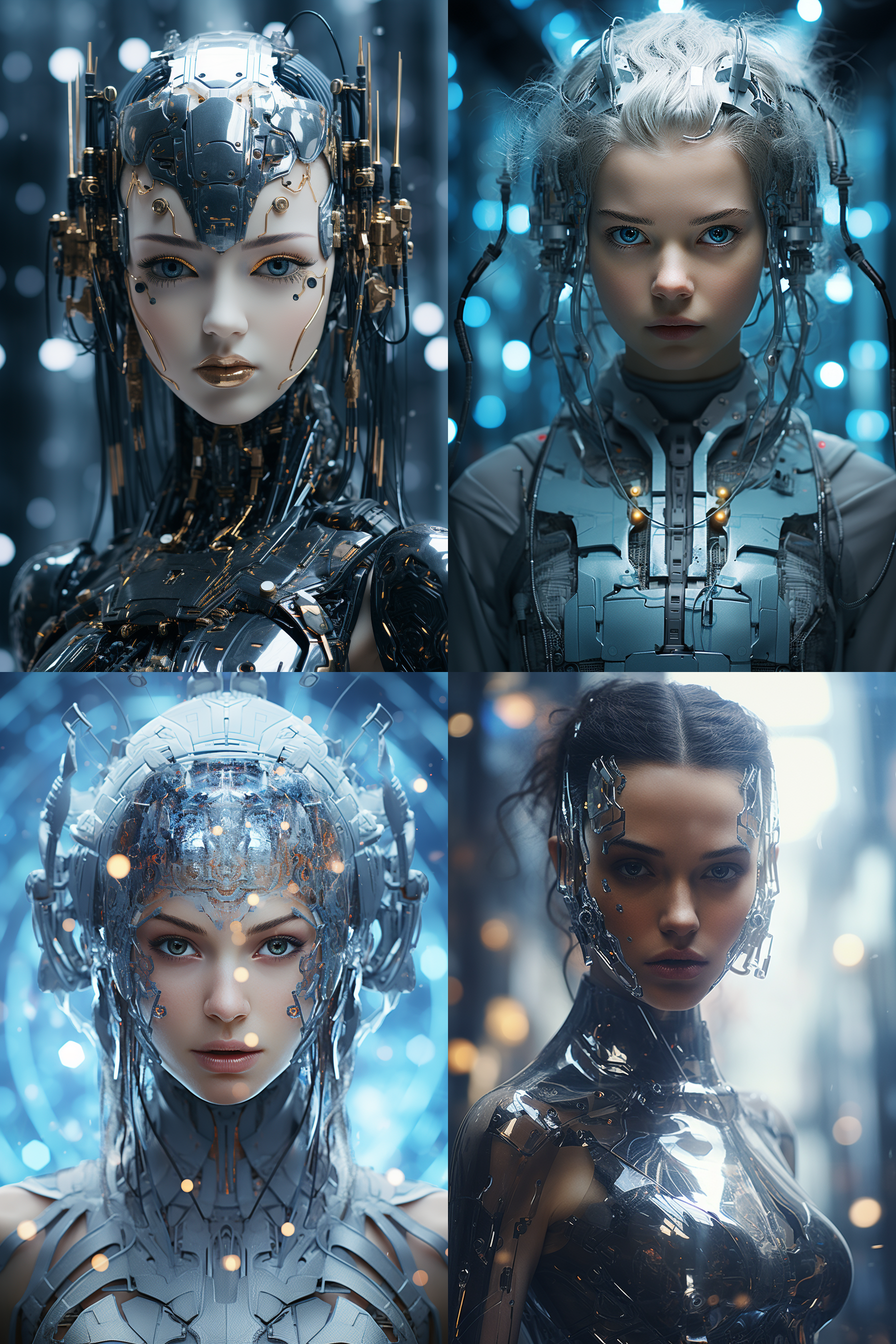 赛博女孩面部头像，未来科技感，金属质感皮肤，冷色调，特写镜头，锐利焦点，背光，电子眼，机械元素，神秘表情。