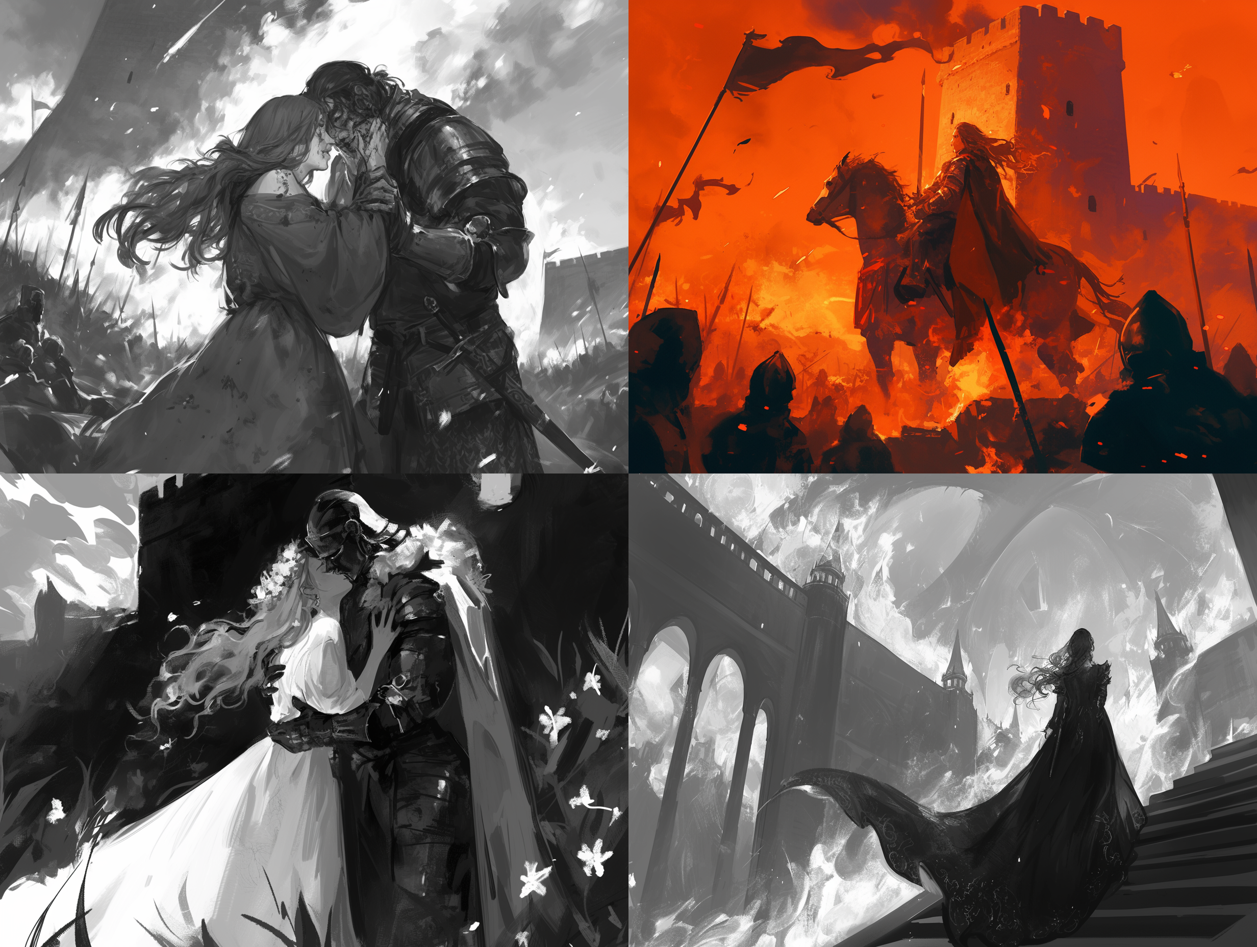 烽火戏诸侯，烽火台燃烧，军队集结，城墙背景，皇帝搂着皇后，黑白插画，忧郁表情，战乱氛围，长焦镜头，低角度，暗色调，强烈对比，动态模糊，历史感。 旷野之息 长城 克拉姆 角色设计