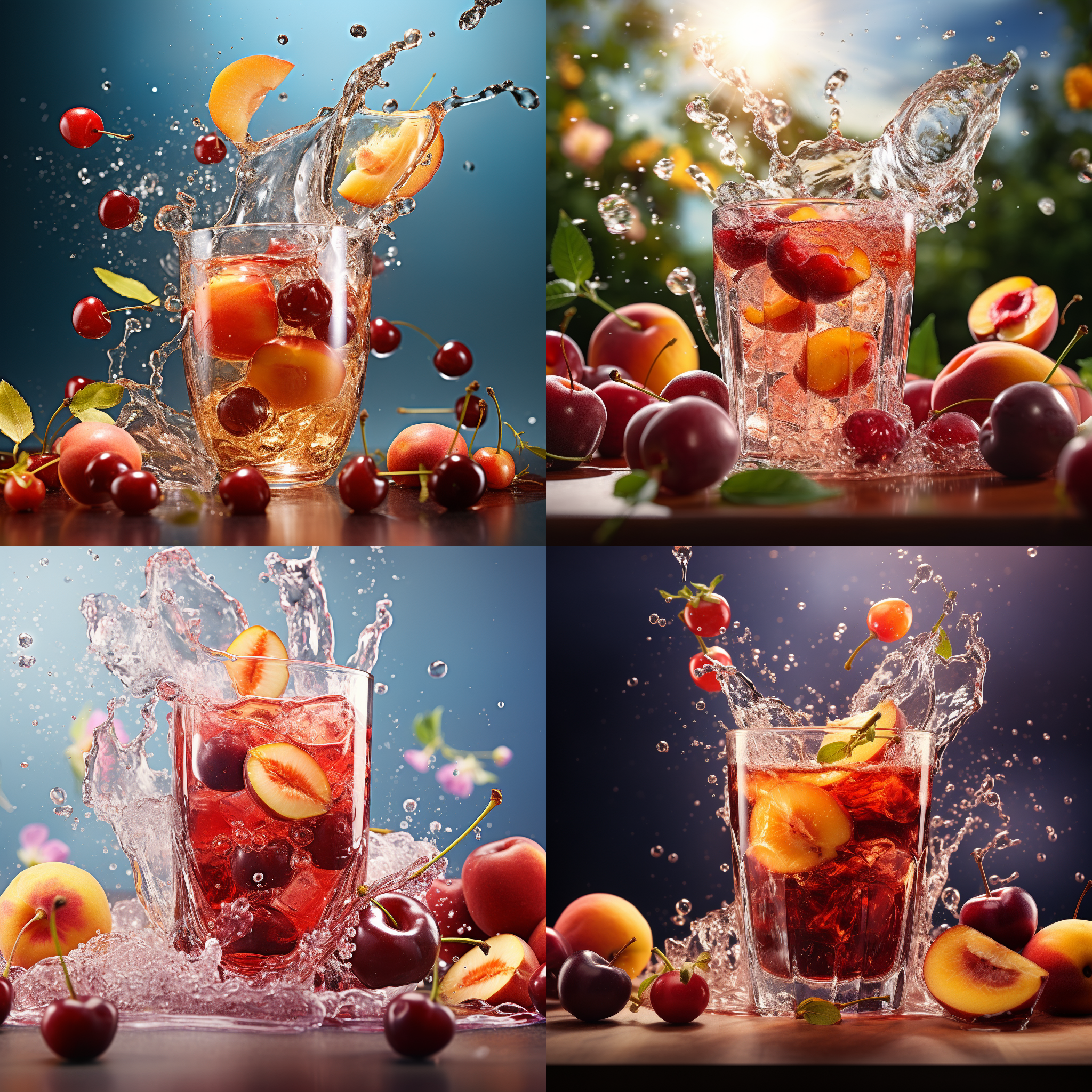 电商配图场景，透明玻璃杯中装满棕红色梅子山楂汁，梅子山楂汁飞溅，清爽夏日风格，夸张形状，高分辨率，动态捕捉，色彩和谐，景物拍摄，干净背景，侧光，快速快门，活力四射。