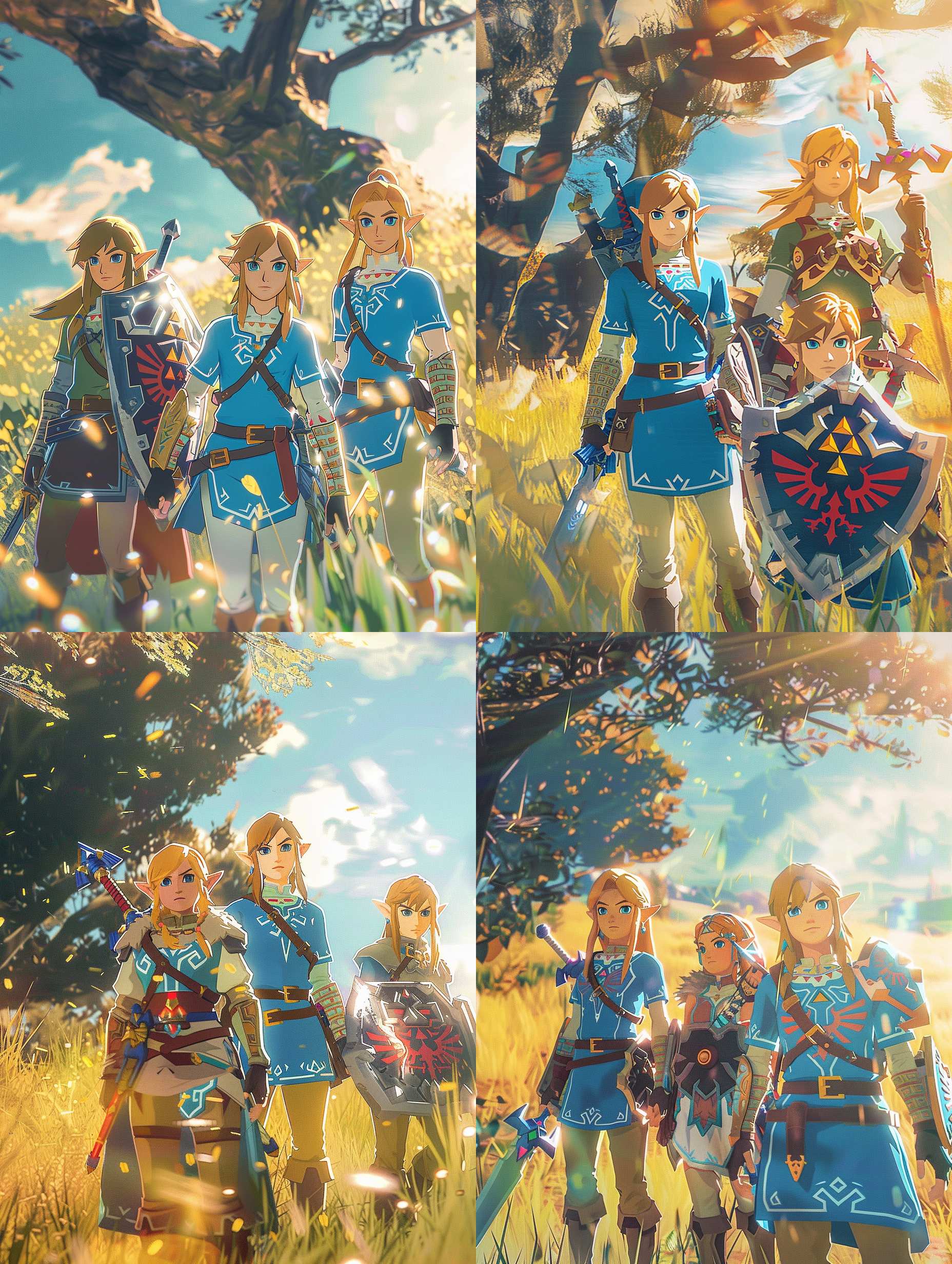 塞尔达林克与四英杰，史诗般场景，开阔草原，日落时分，金色阳光，长焦镜头，低角度拍摄，表情坚定，装备精良，动作协调，团结一致，冒险氛围，神秘感。