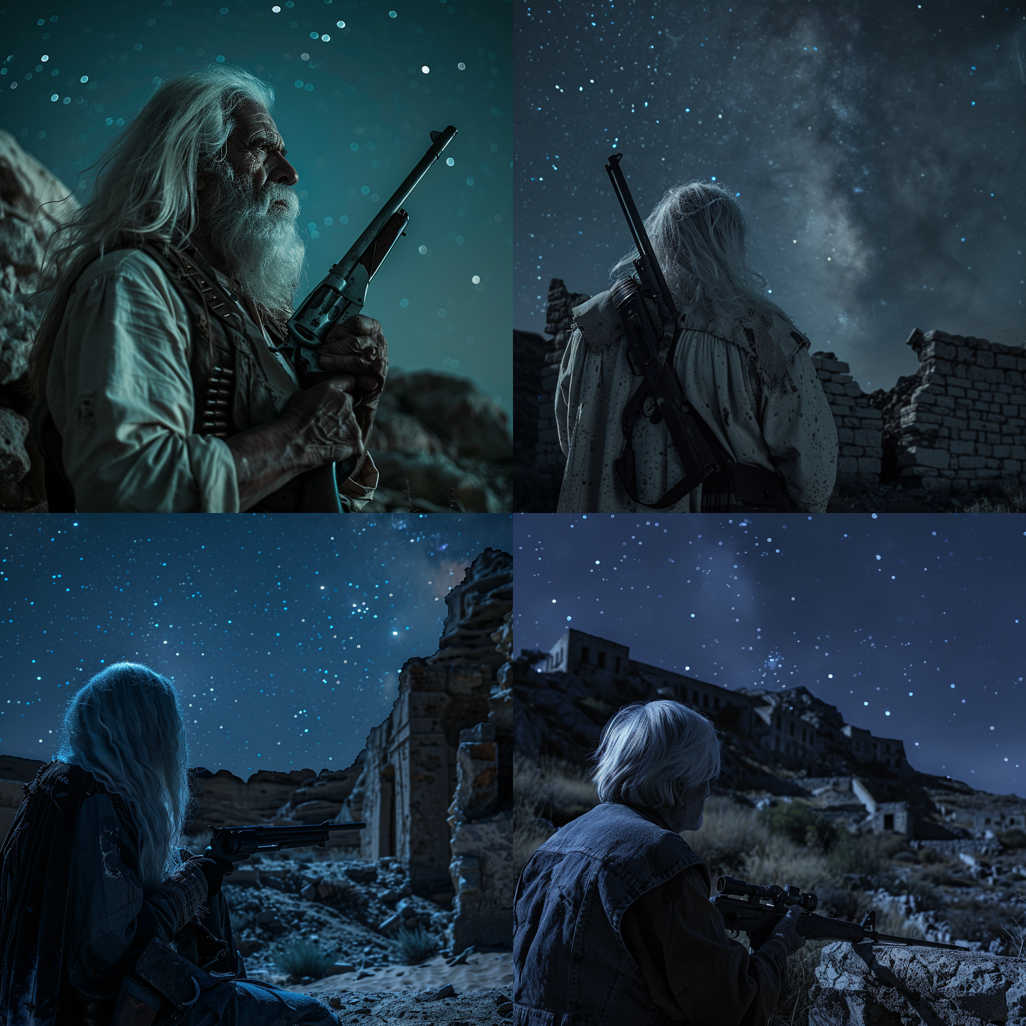 夏季夜晚沙漠城池，白发老兵持长枪远望，低角度拍摄，冷色调，星光背景，长曝光，特写镜头，侧光，孤独，沧桑。