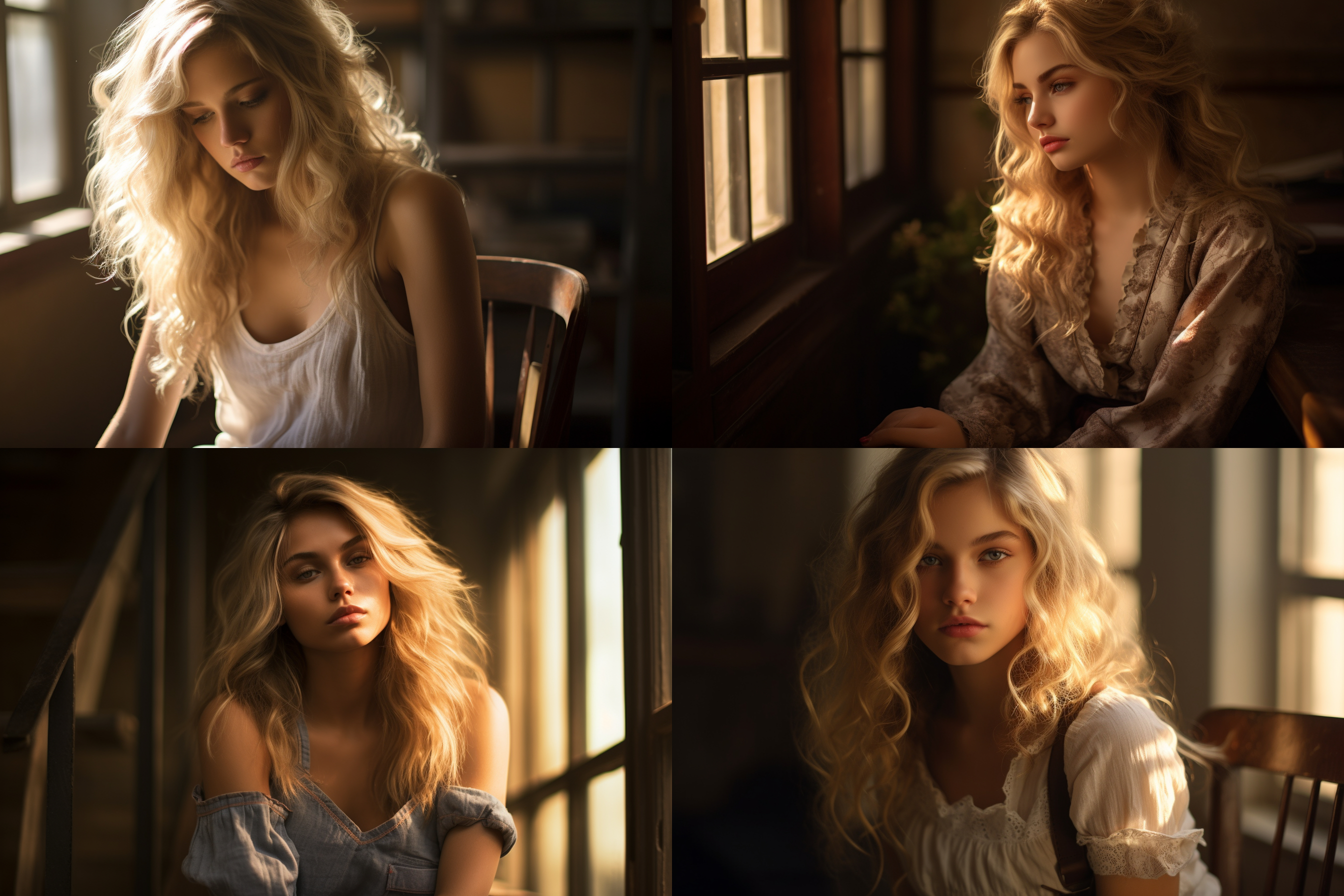 a beautiful girl，blonde hair ，sitting on a chair，melancholy expression，backlight， golden hour light