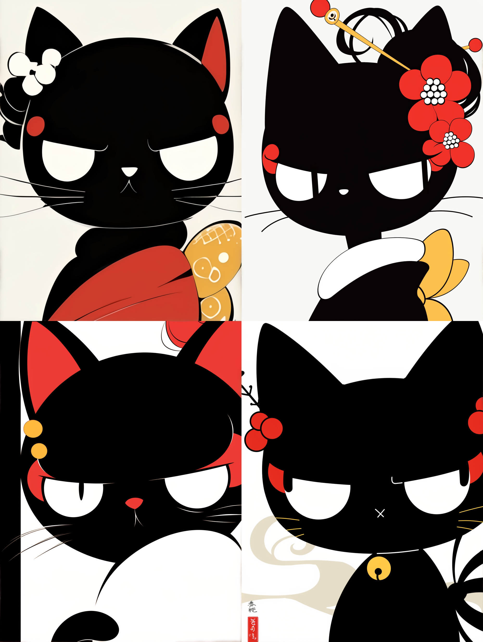 poster artwork, ornate background, 2019, sumptuous, artist katsushika hokusai, stylised, juxtapoz aesthetic, enigmatic beauty, vector aesthetics, defence, hanging scroll, artstatiom, purism, portrait of beautiful cat,黑猫，粗线条，标志设计，箭头尾巴，白色背景，png格式输出，