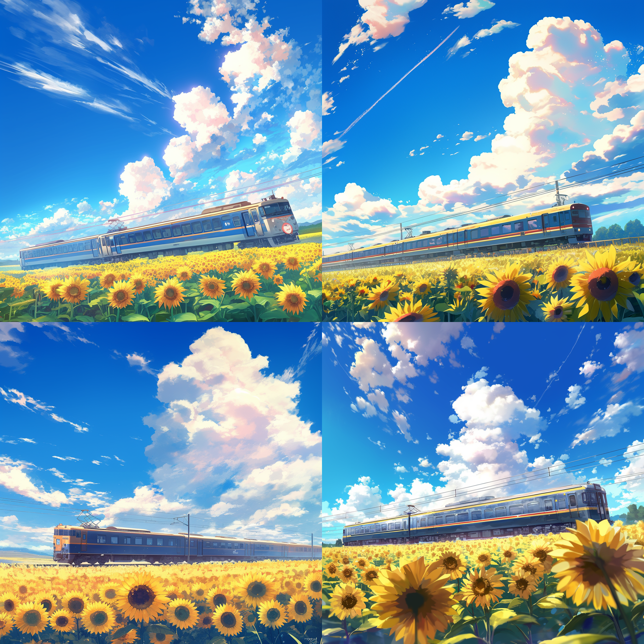 蓝天白云下，向日葵田中火车穿梭，新海诚动画风格，高分辨率，色彩饱和，细节丰富，远景构图，自然光线，柔和阴影，动态模糊，温暖色调，梦幻氛围。