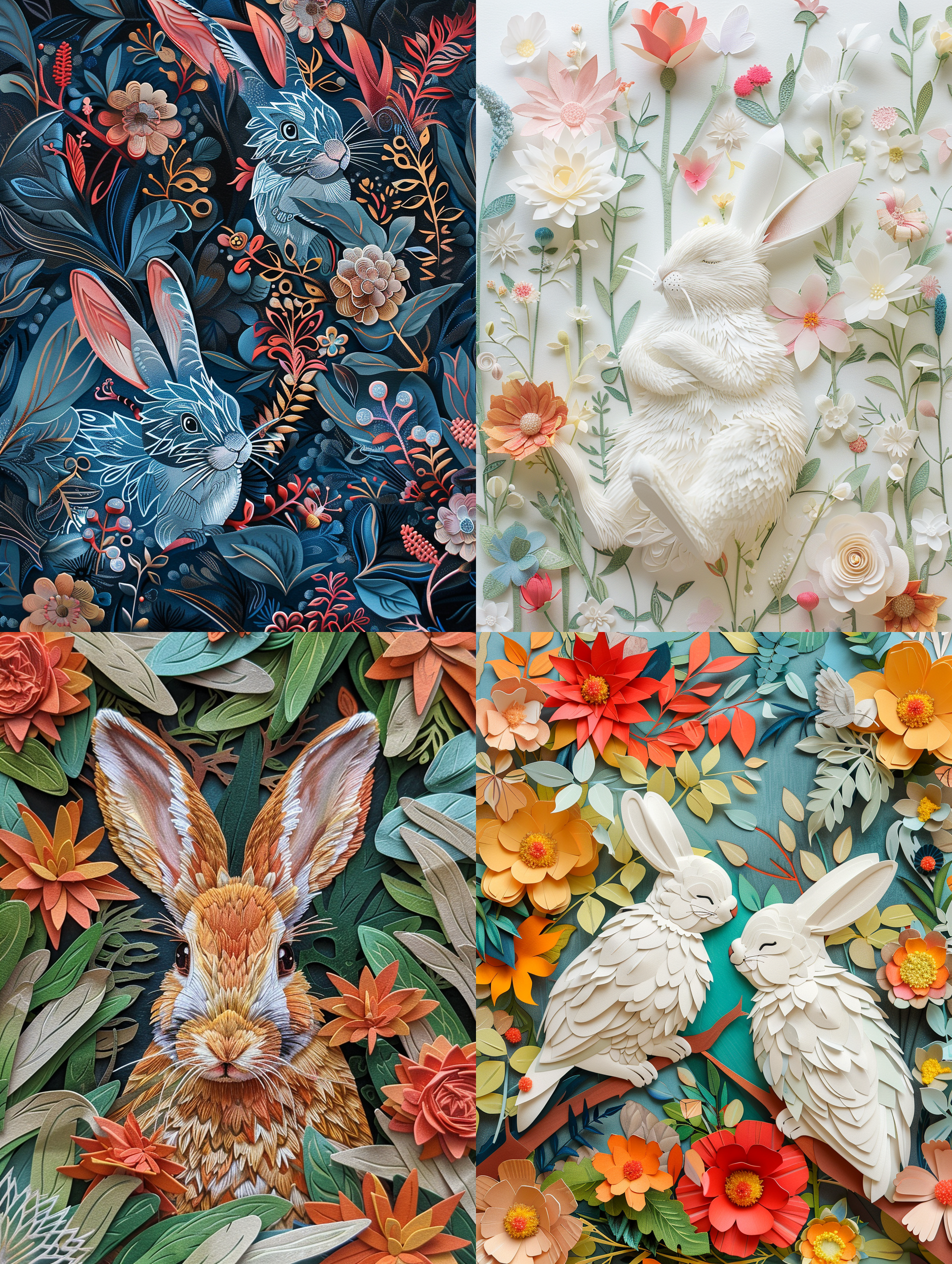 多维剪纸工艺，纸质插画，兔子与花朵，华丽装饰，彩色香草油，俯视角度，细腻纹理，柔和光线，自然色彩，静态美，手工质感，温馨氛围。