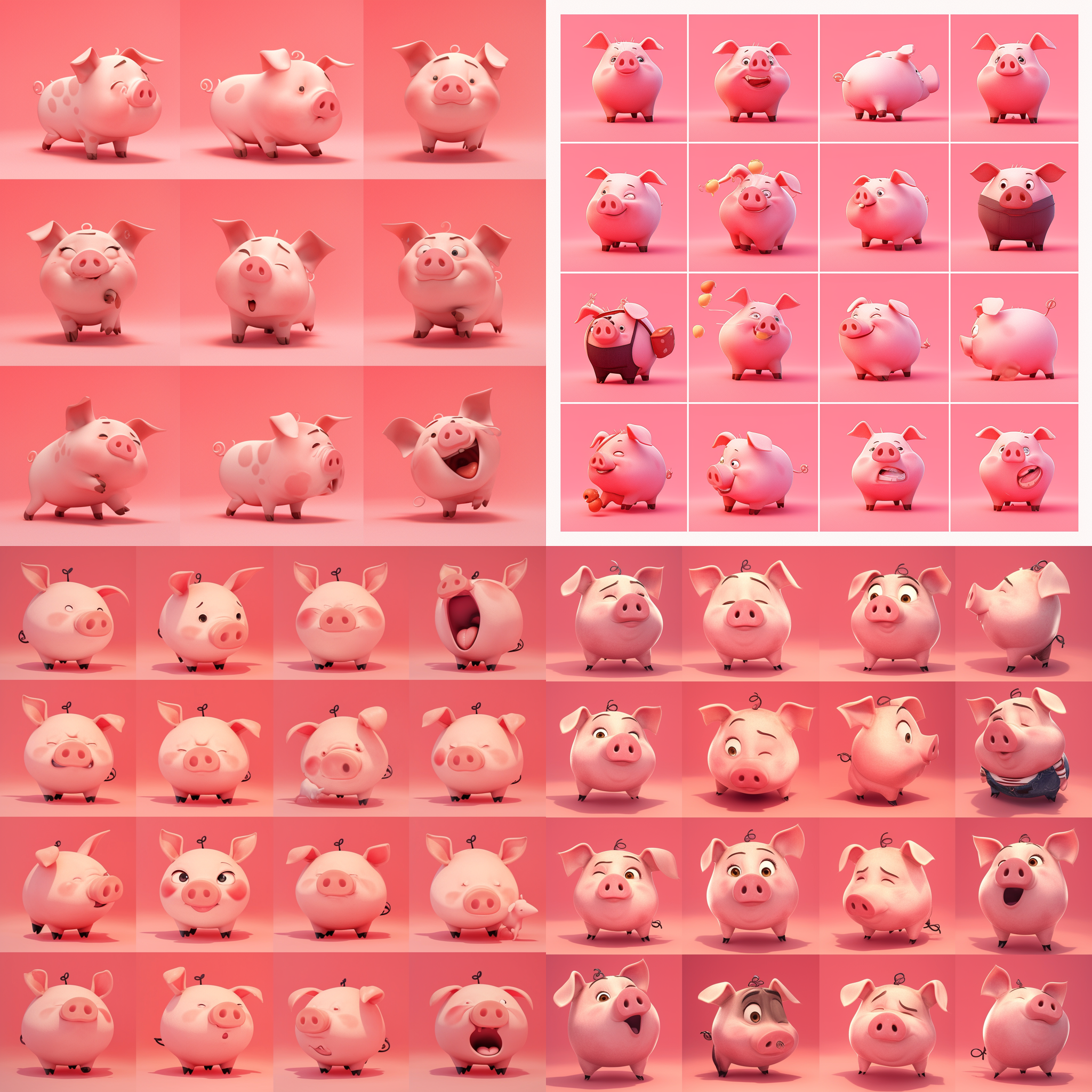 粉色猪，16种不同的姿势和情绪,纯色背景，皮克斯动画风格，超真实渲染，高角度拍摄，明亮色彩，3d卡通风格，柔和光线，细腻纹理，高清，近景。