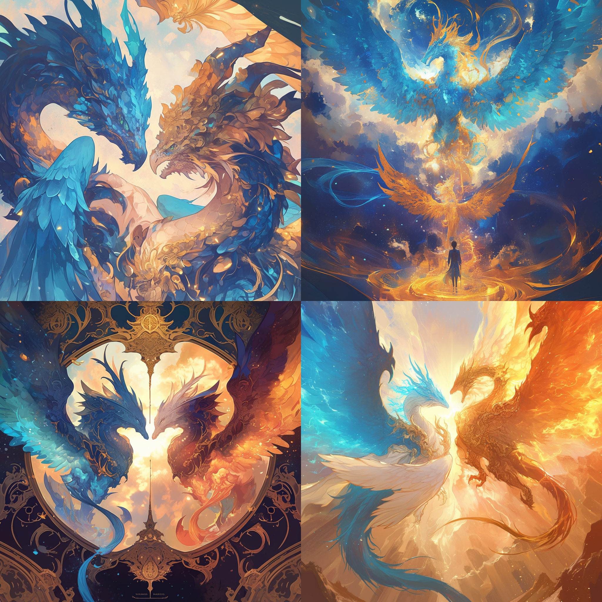 青龙神君与凤凰，对称构图，神话风格，天界背景，冷暖色调对比，长焦镜头，背光，细腻纹理，庄严，优雅，神秘。