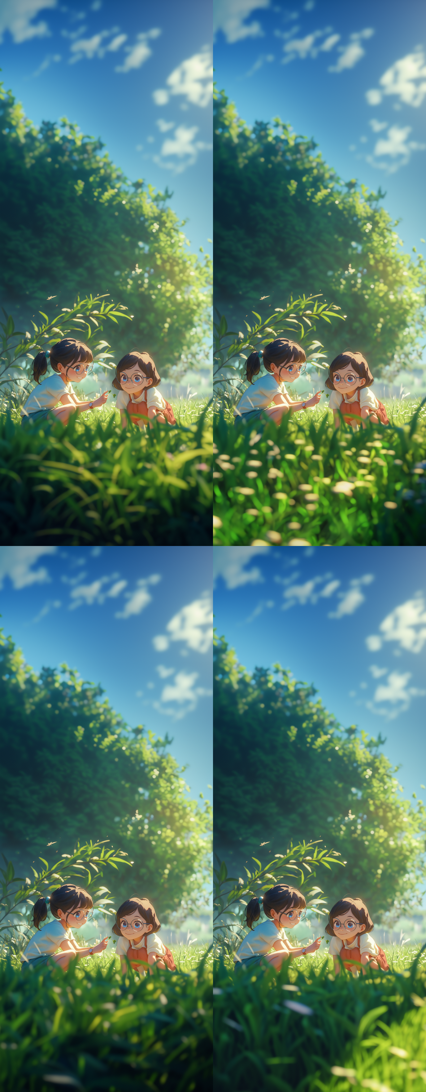 两个小女孩玩耍，3d风格，眼镜，立体感强，站立女孩微笑，蹲下女孩好奇，草地背景，柔和光线，自然色彩，动态捕捉，亲密互动，欢乐氛围。