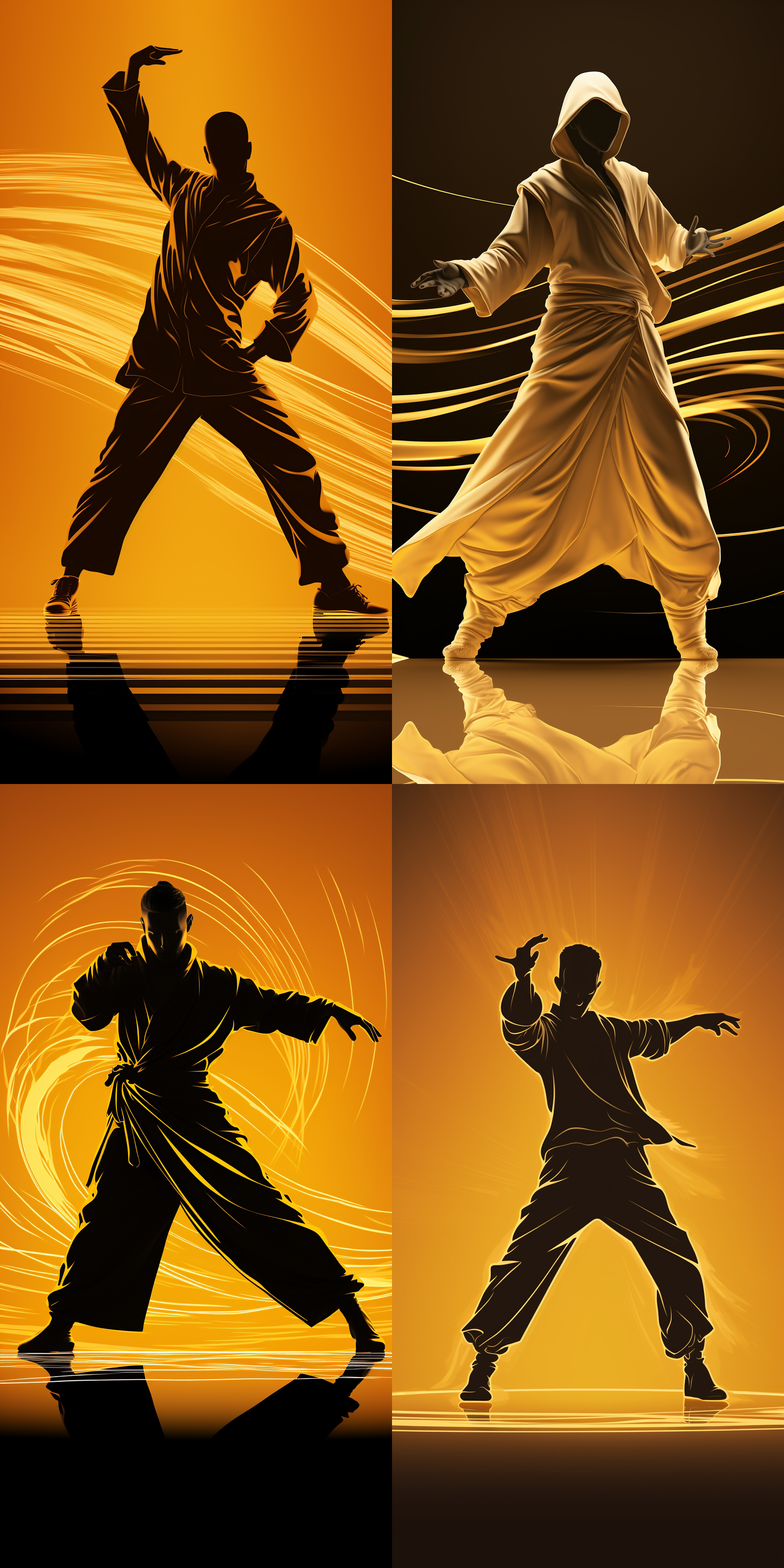 太极拳剪影，纯净背景，金色点线纹，线条清晰，插画风格，柔和背景光，动态空间关系，超高清，8k分辨率，艺术美感，视觉冲击力。