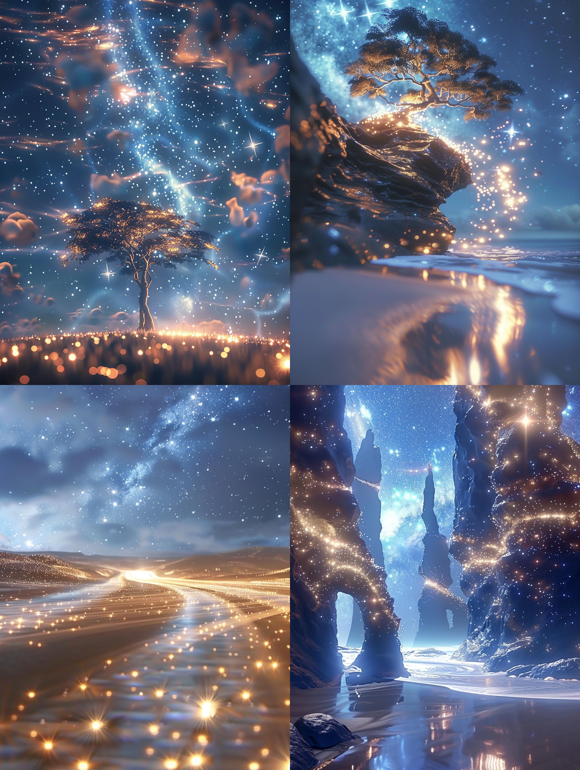 深夜星空，繁星闪烁，北斗星清晰，银河壮阔，梦幻风格，艺术细节，摄影，高清晰度，低光环境，长曝光，广角镜头，冷色调，星轨，宁静。