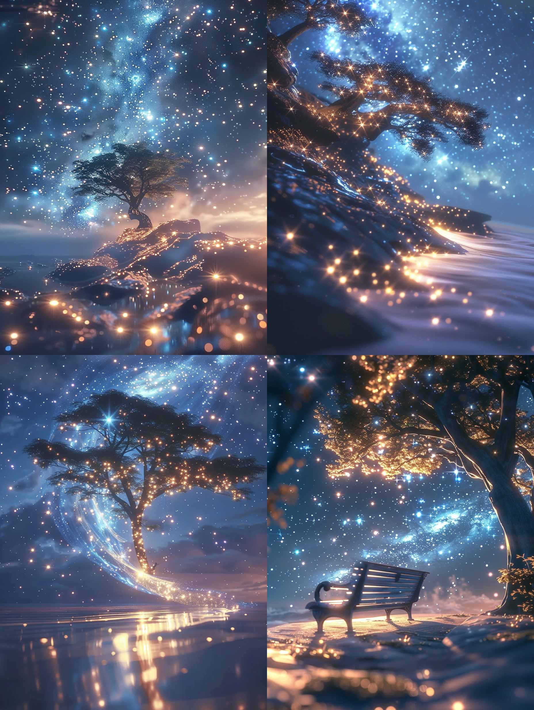 深夜星空，繁星闪烁，北斗星清晰，银河壮阔，梦幻风格，艺术细节，摄影，高清晰度，低光环境，长曝光，广角镜头，冷色调，星轨，宁静。