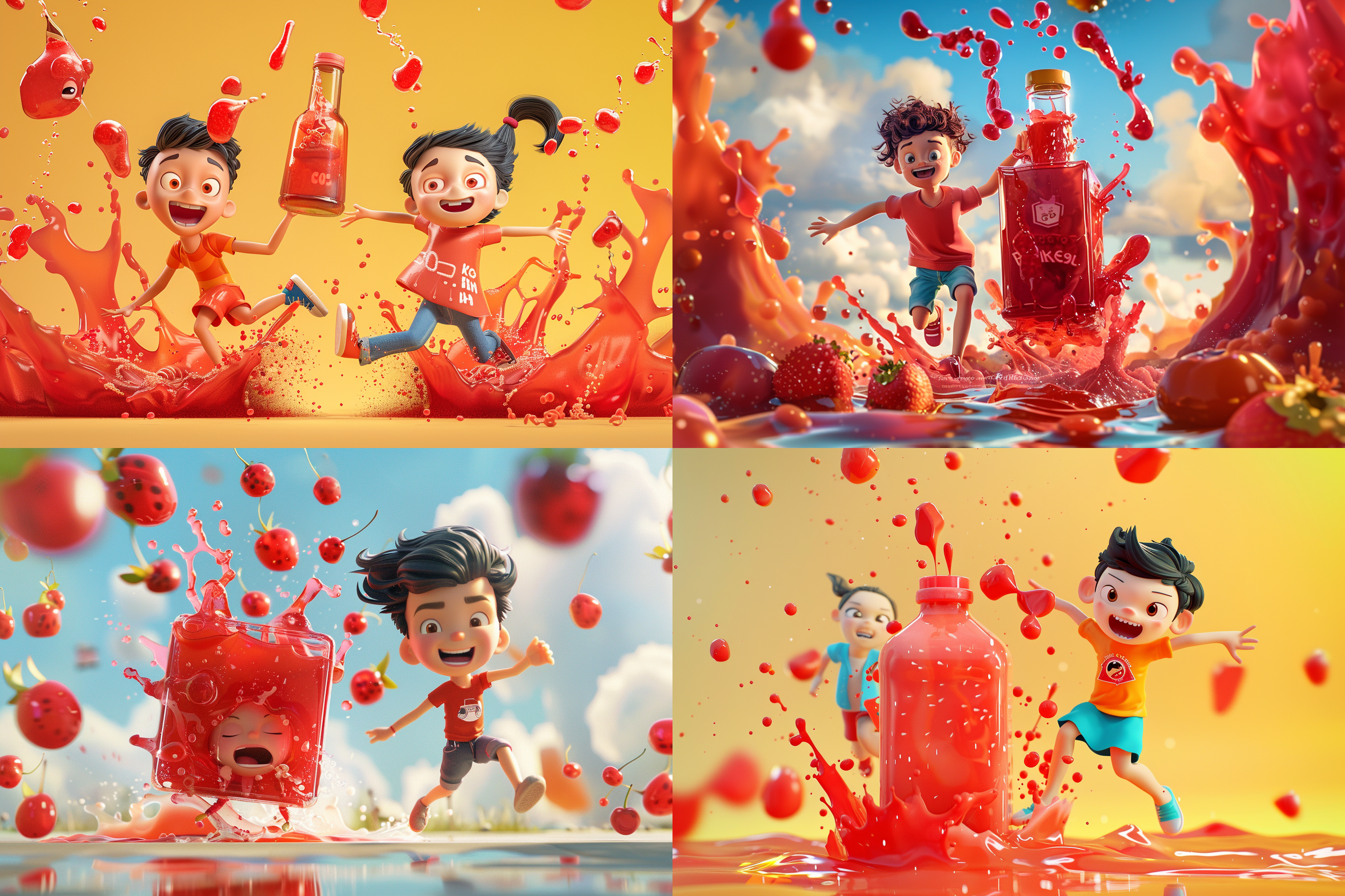 3d卡通游戏场景，透明方形塑料瓶装满红色杨梅汁，红色杨梅汁飞溅，小男孩小女孩奔跑，干净背景，皮克斯动画风格，夸张形状色彩，夸张动作，艺术站热门，高分辨率，动态捕捉，鲜艳色彩，活泼表情。