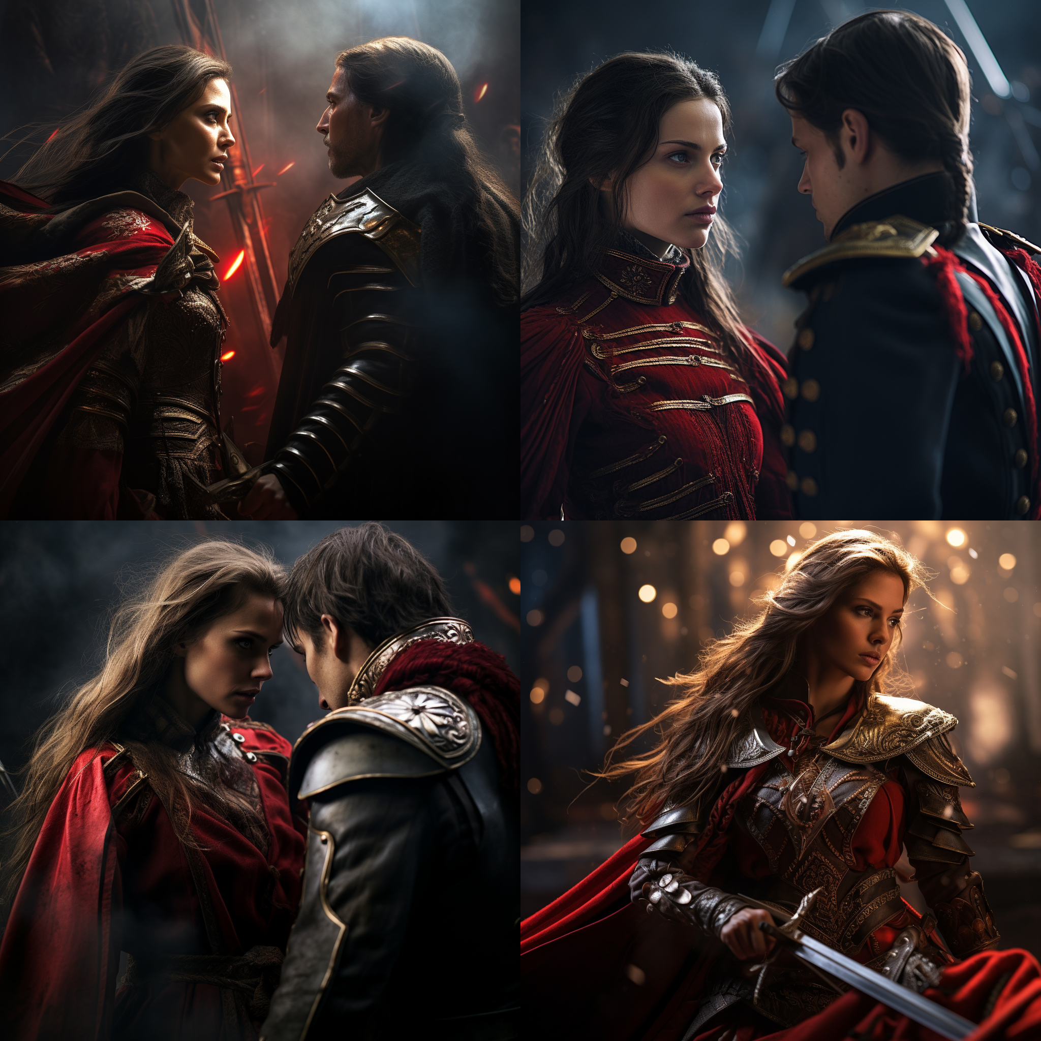 女将军持剑对峙背叛者，古典战场，高光对比，长焦镜头，背光，动态模糊，冷峻表情，决绝，悲伤，红色战袍，金属质感，紧张气氛。