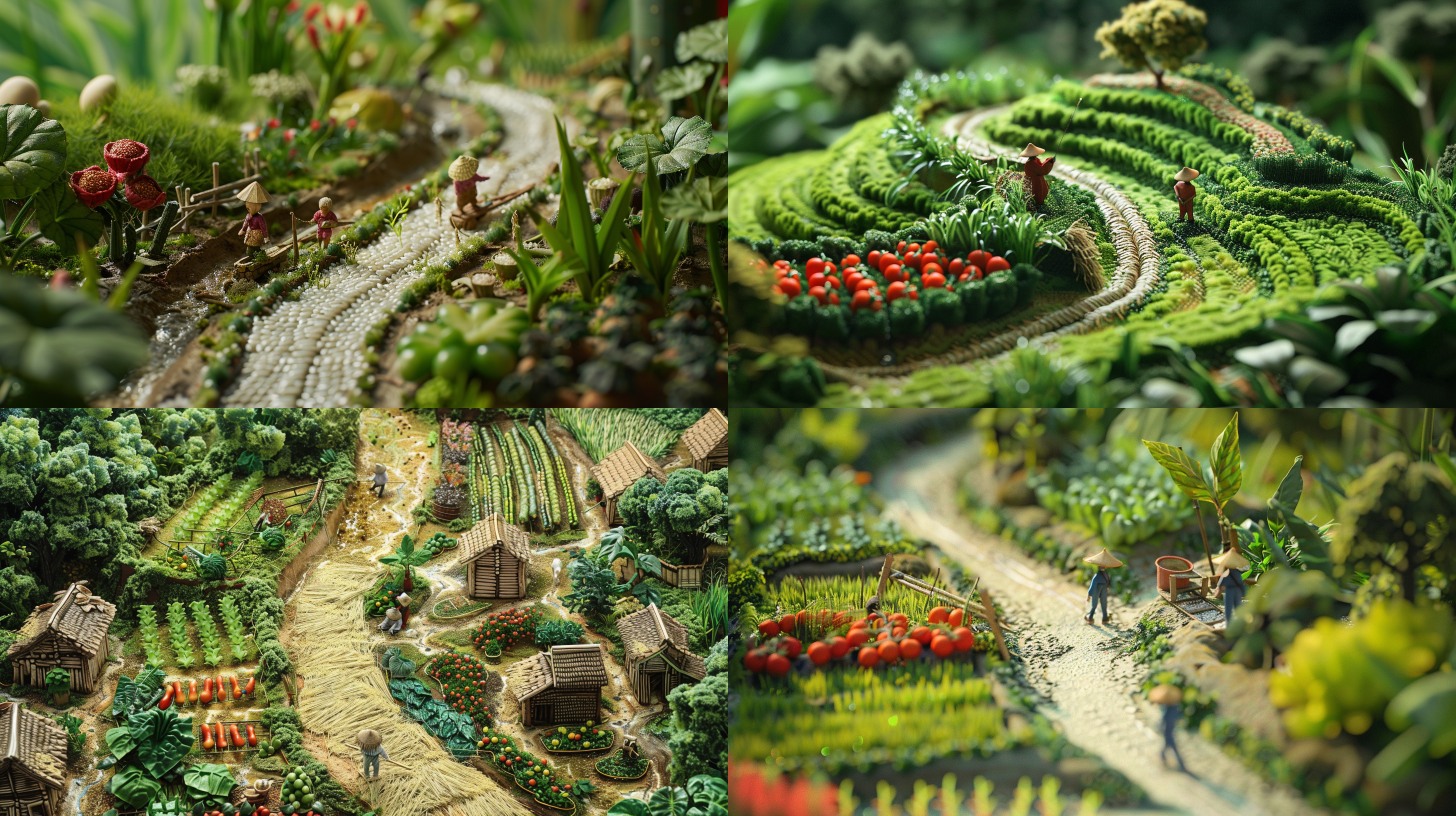 a small path paved with rice, surrounded by various vegetables, realistic fantasies, and a microscopic world, with farmers working on the road