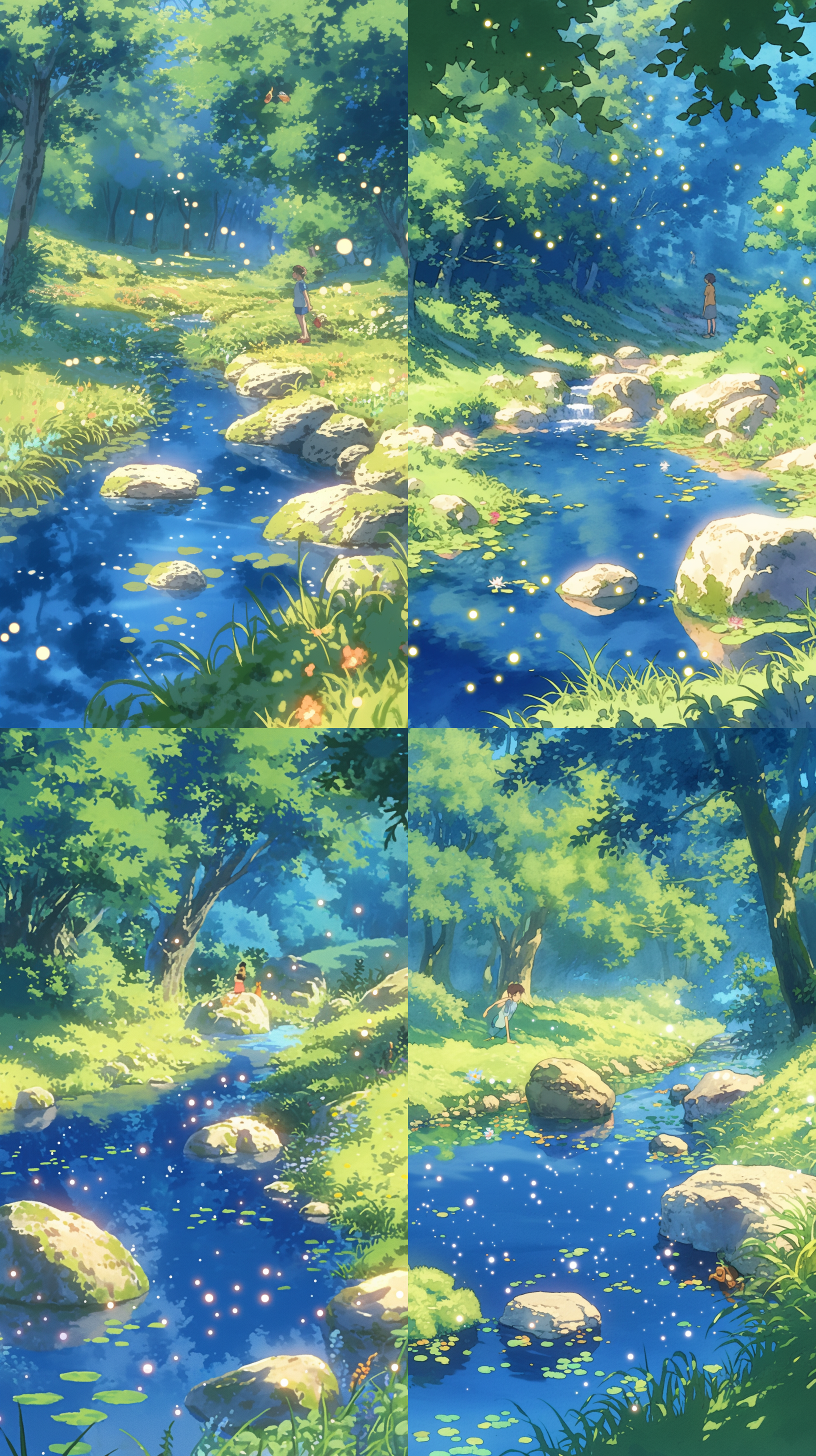 夏天小溪树林，新海诚风格，细节丰富，高饱和度，高清，溪水清澈，树林茂密，阳光穿透树叶，光影斑驳，微风吹拂，水面波光粼粼，自然清新，宁静和谐。