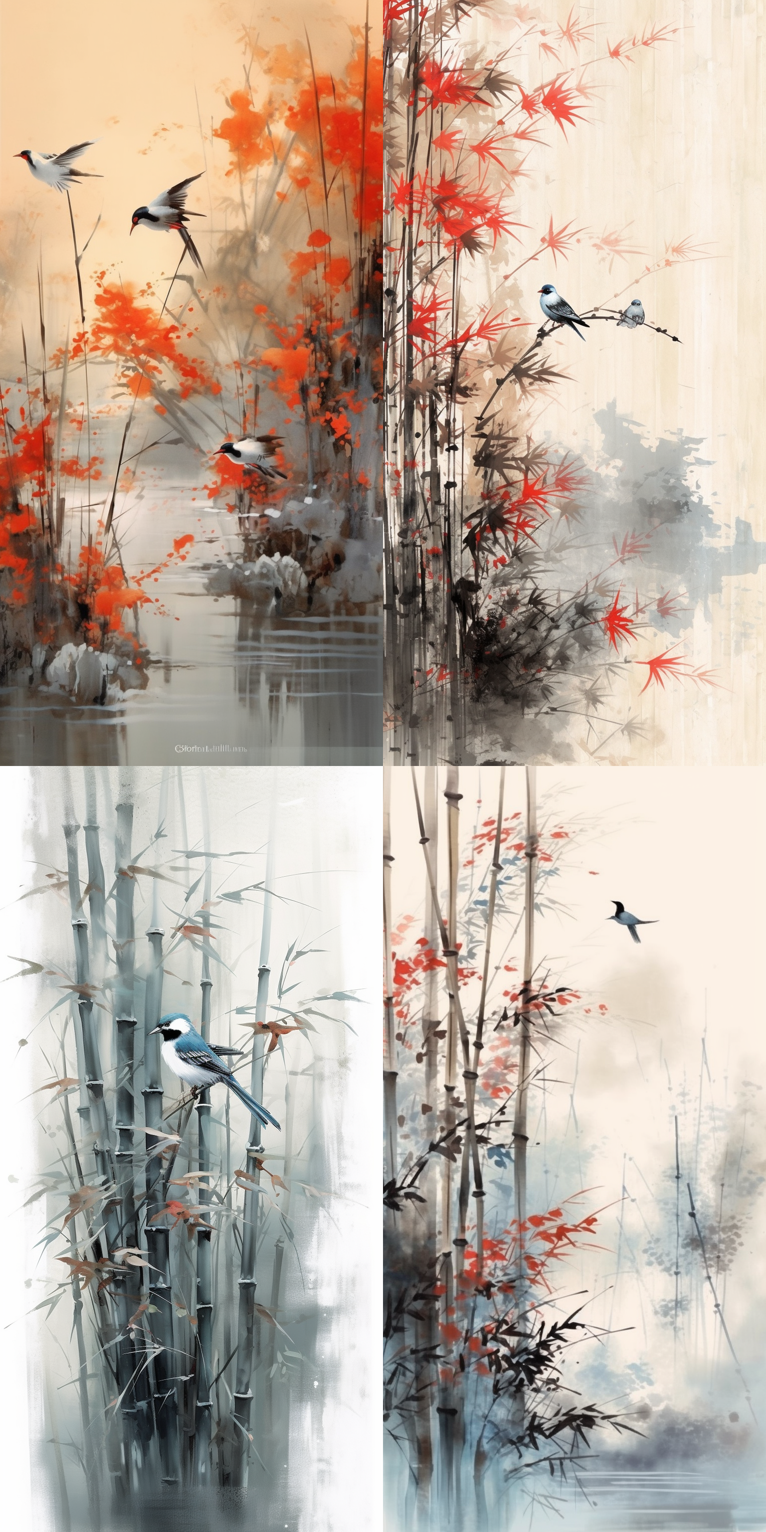 中国泼墨写意画，竹林飞鸟，朦胧色彩，现代与古典相结合，高清晰画质，竹林背景，飞鸟动态，水墨渲染，淡雅色调，远近虚实，自然光影，静谧氛围，传统与现代融合。