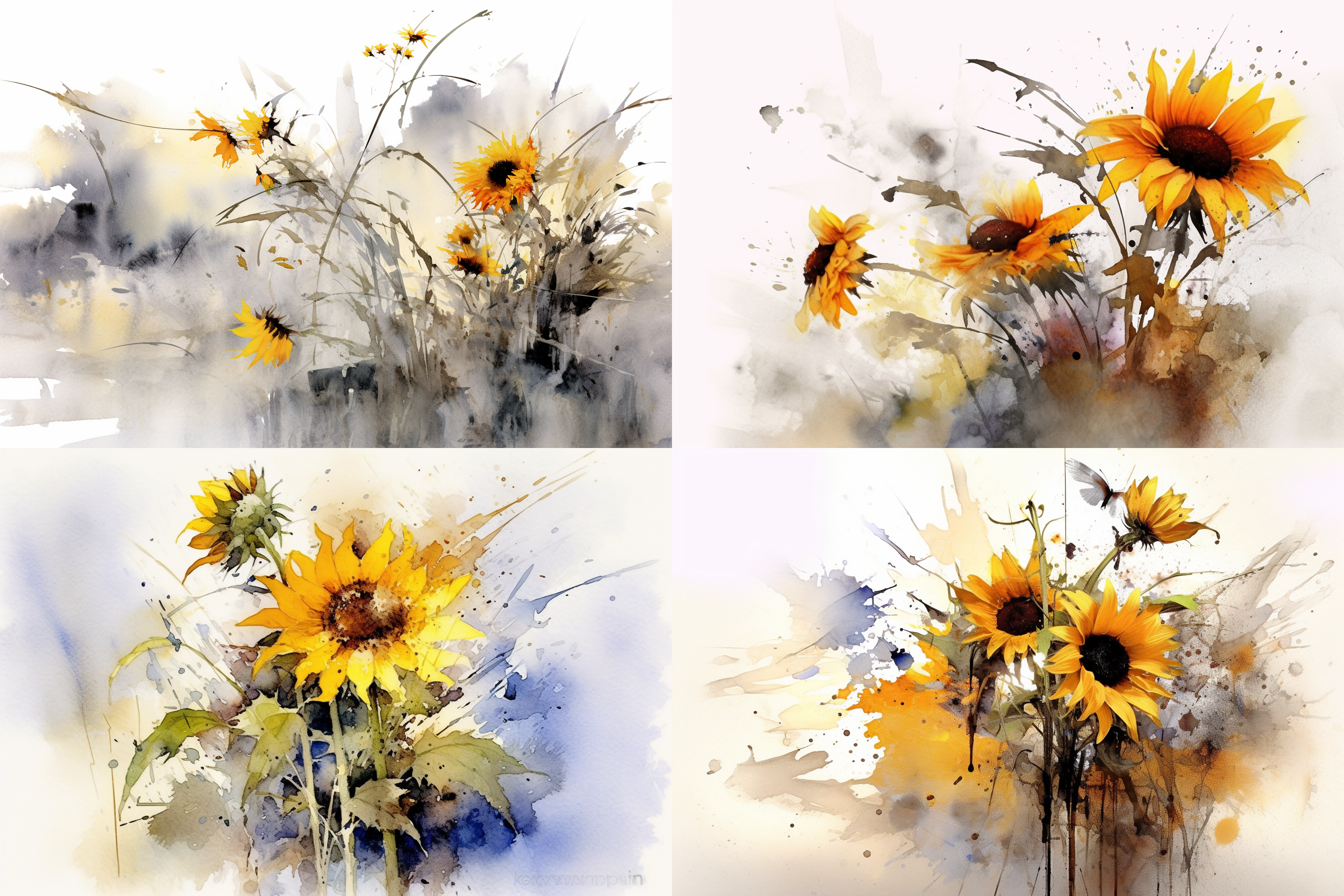 中国泼墨写意画向日葵，朦胧色彩，现代与古典结合，高清晰画质，竹林背景，飞鸟动态，水墨渲染，淡雅色调，远近虚实，自然光影，静谧氛围，传统与现代融合，长焦镜头，柔和光线，静态与动态结合，抽象与具象交织。